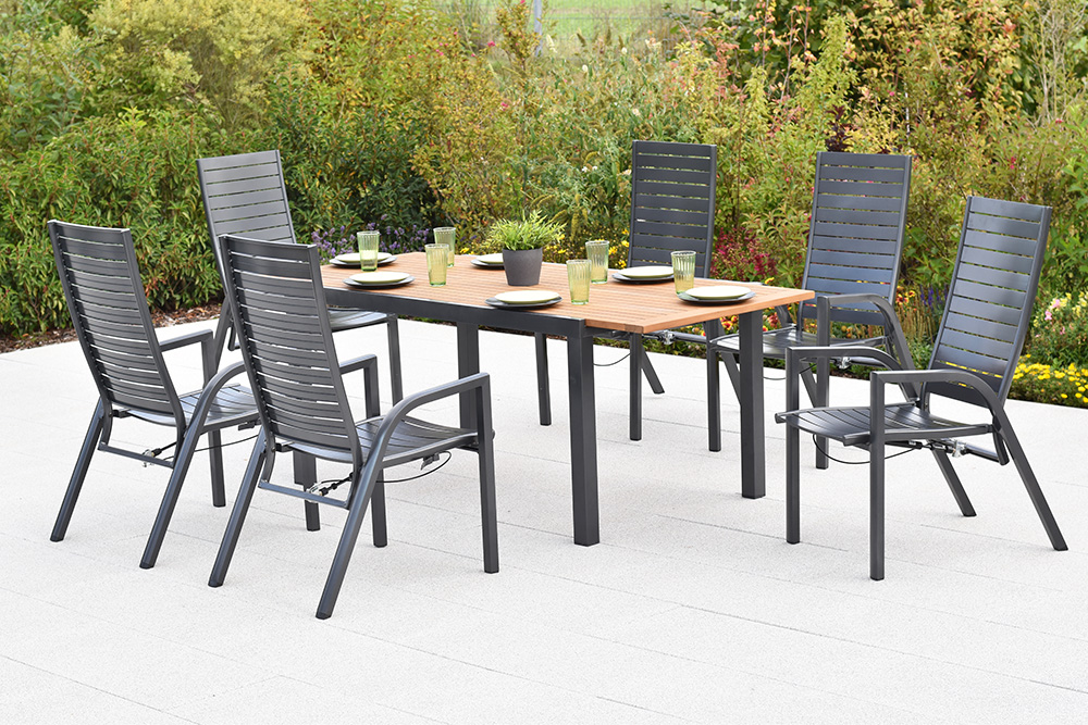 Siros Set, 7tlg., Ausziehtisch, 150/200 x 90 cm, Tischplatte aus Akazienholz Siros Set, 7tlg., Ausziehtisch, 150/200 x 90 cm, Tischplatte aus Akazienholz