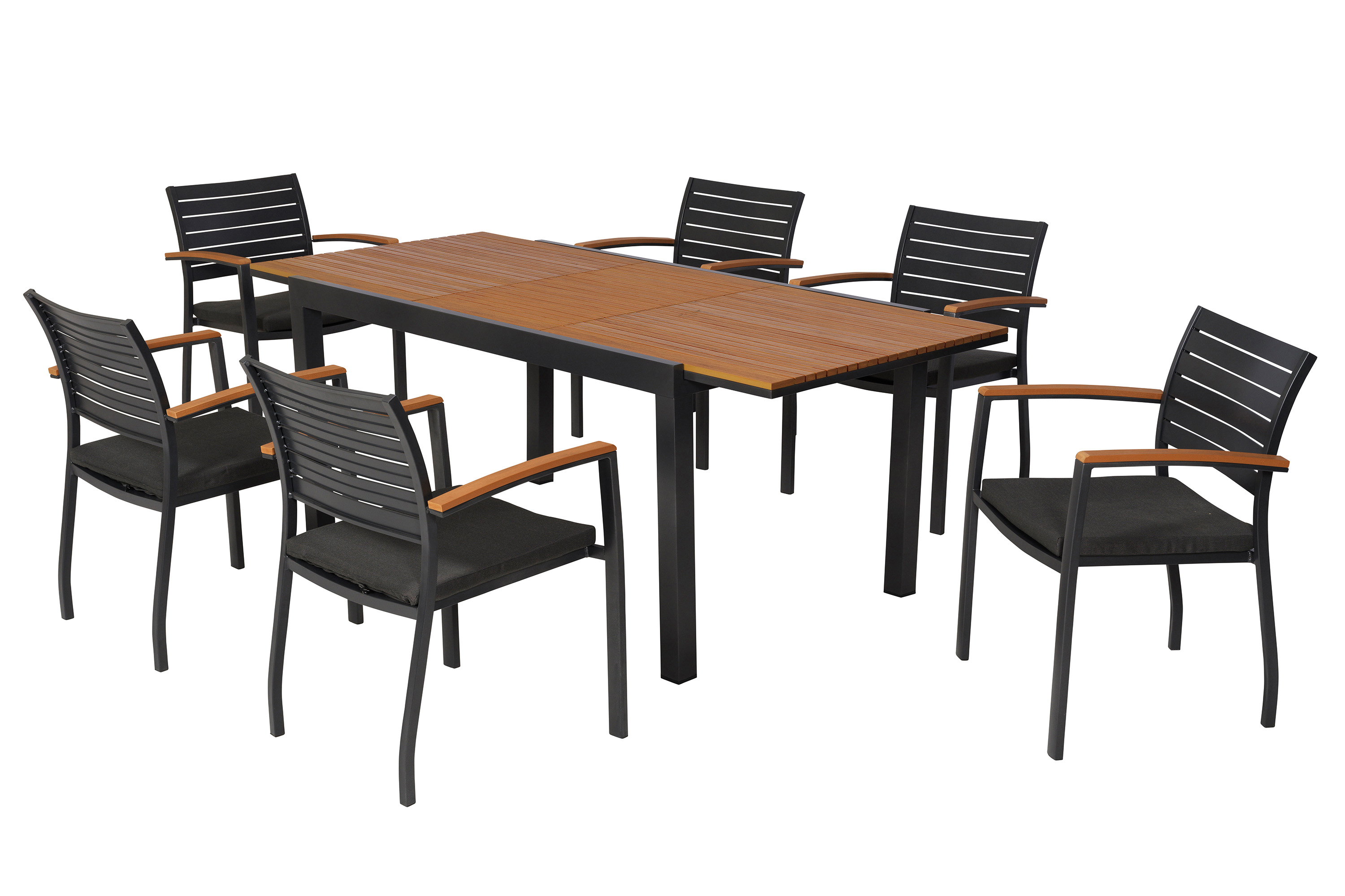 Astros Set 13tlg., 6 Stapelsessel, Ausziehtisch 150 (200) x 90 cm, inkl. Kissen