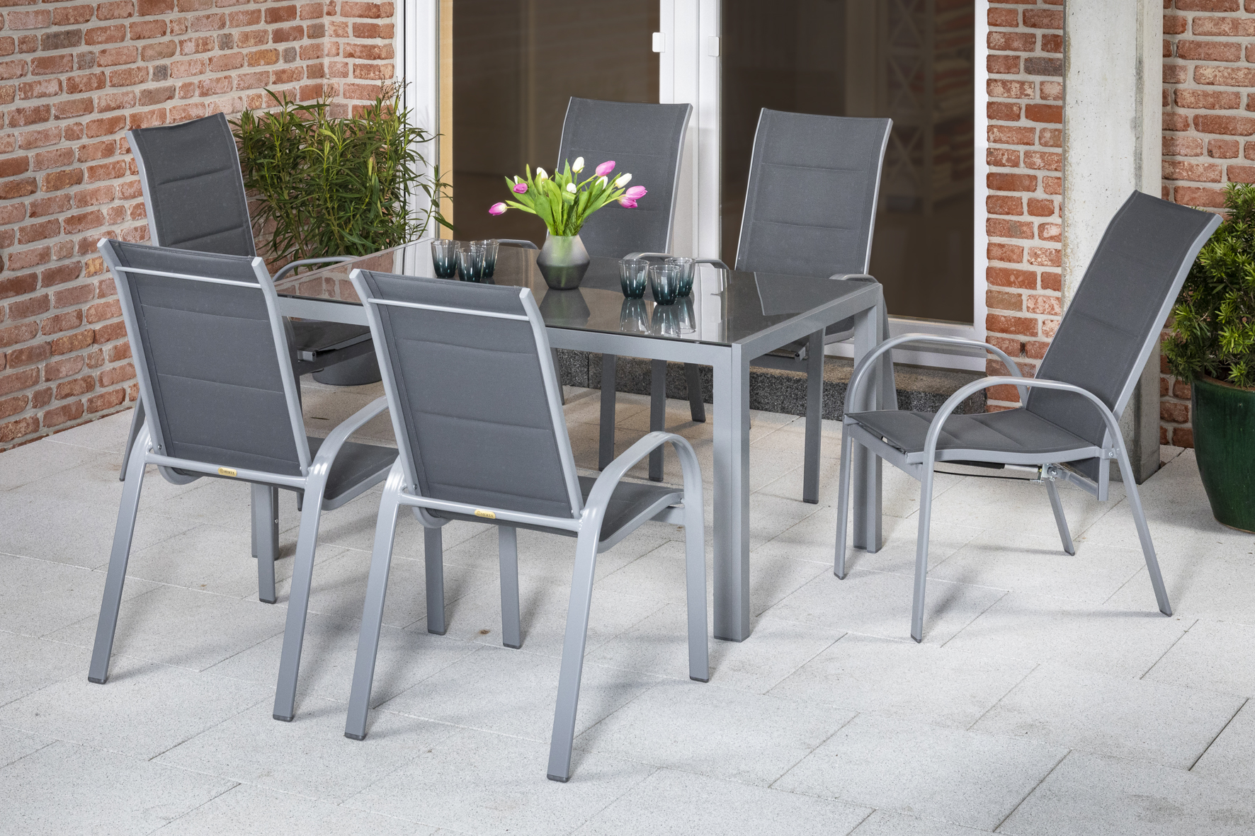 50359-309-2e1FiYsEFuHJz8 Amalfi Set, 7 tlg., 6 Stapelsessel, Tisch 150 x 90 cm, grau