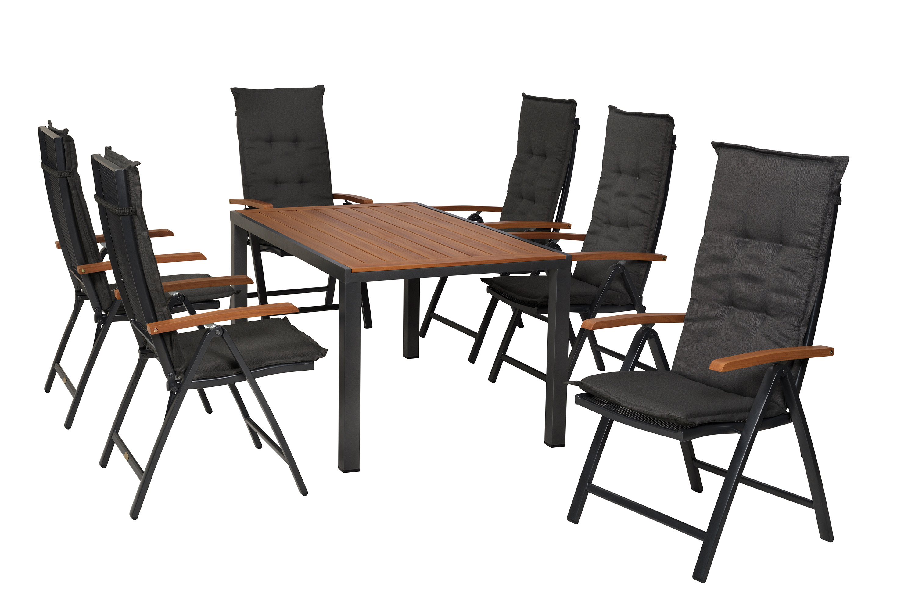 Thasos Set 13tlg., 6 Klappsessel, Tisch 150 x 90 cm, folierte Tischplatte in Holzoptik, inkl. Kissen