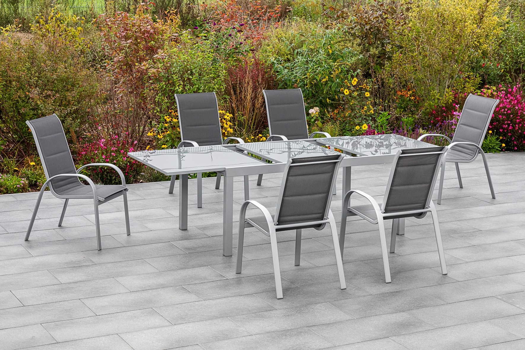 50328-307-2CTRfGGxhMoMSm Amalfi di lusso Set 7 tlg., 6 Stapelsessel, Ausziehtisch 200 (300) x 100 cm, anthrazit