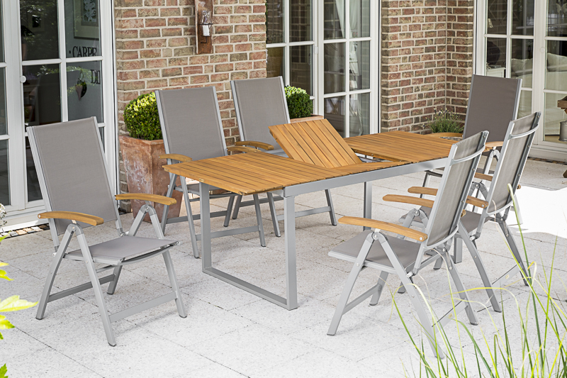 Naxos-Set-7tlg-6x-22005-309-22004-219-NB-3 Naxos Set 7tlg., 6 Klappsessel, Ausziehtisch 150 (200) x 90 cm, silber