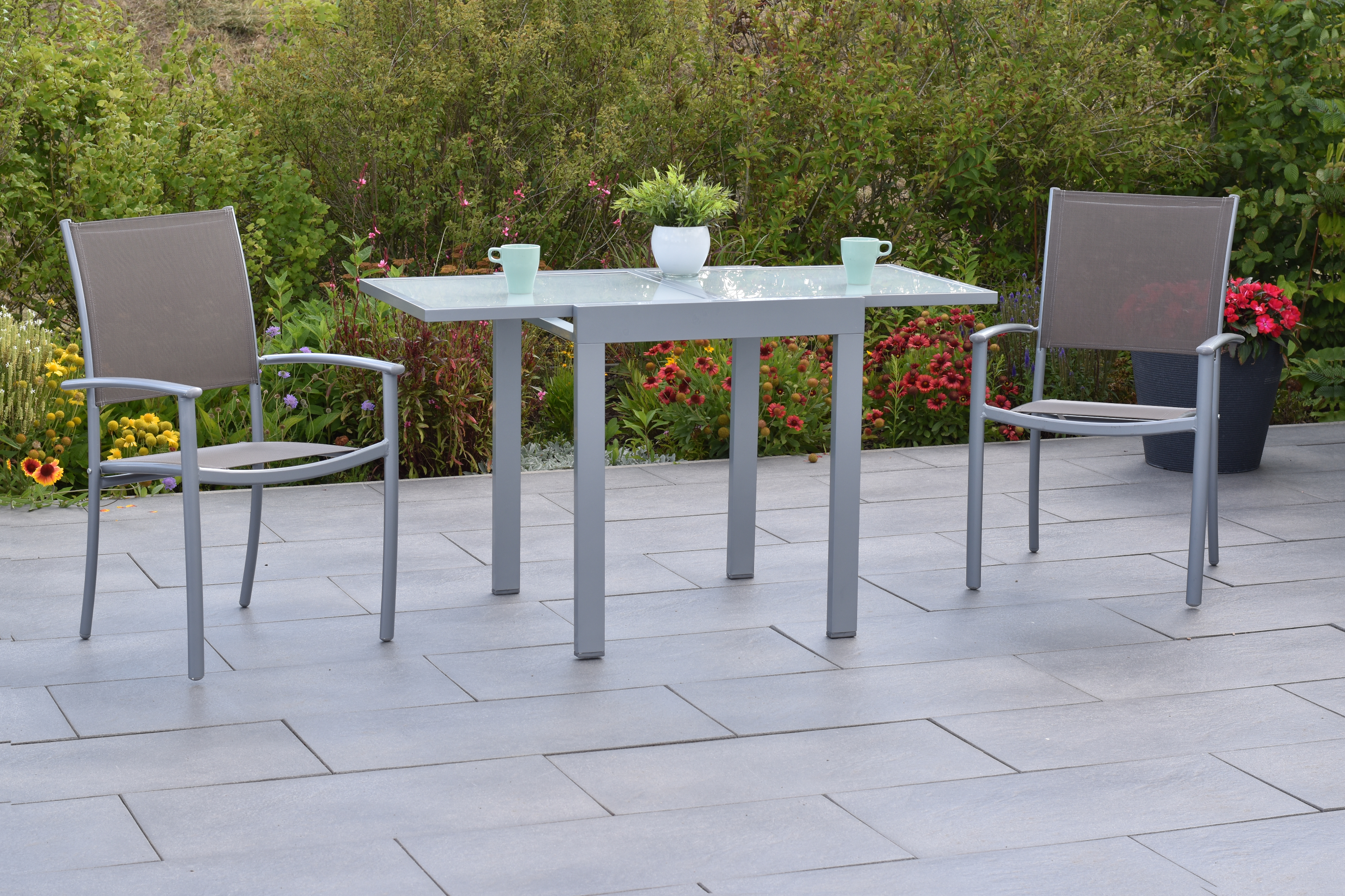 50882-325-2 Milano Set 3tlg., 2 Stapelsessel, Balkonausziehtisch 65 (130) x 65 cm, silber/taupe