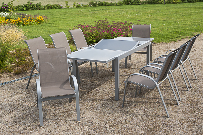 Amalfi-Set-9tlg-taupe-8x-26310-325-26453-219-NB-4krgZ11kgqfG7c Amalfi Set 9tlg., 8 Stapelsessel, Ausziehtisch 160 (220) x 90 cm, taupe