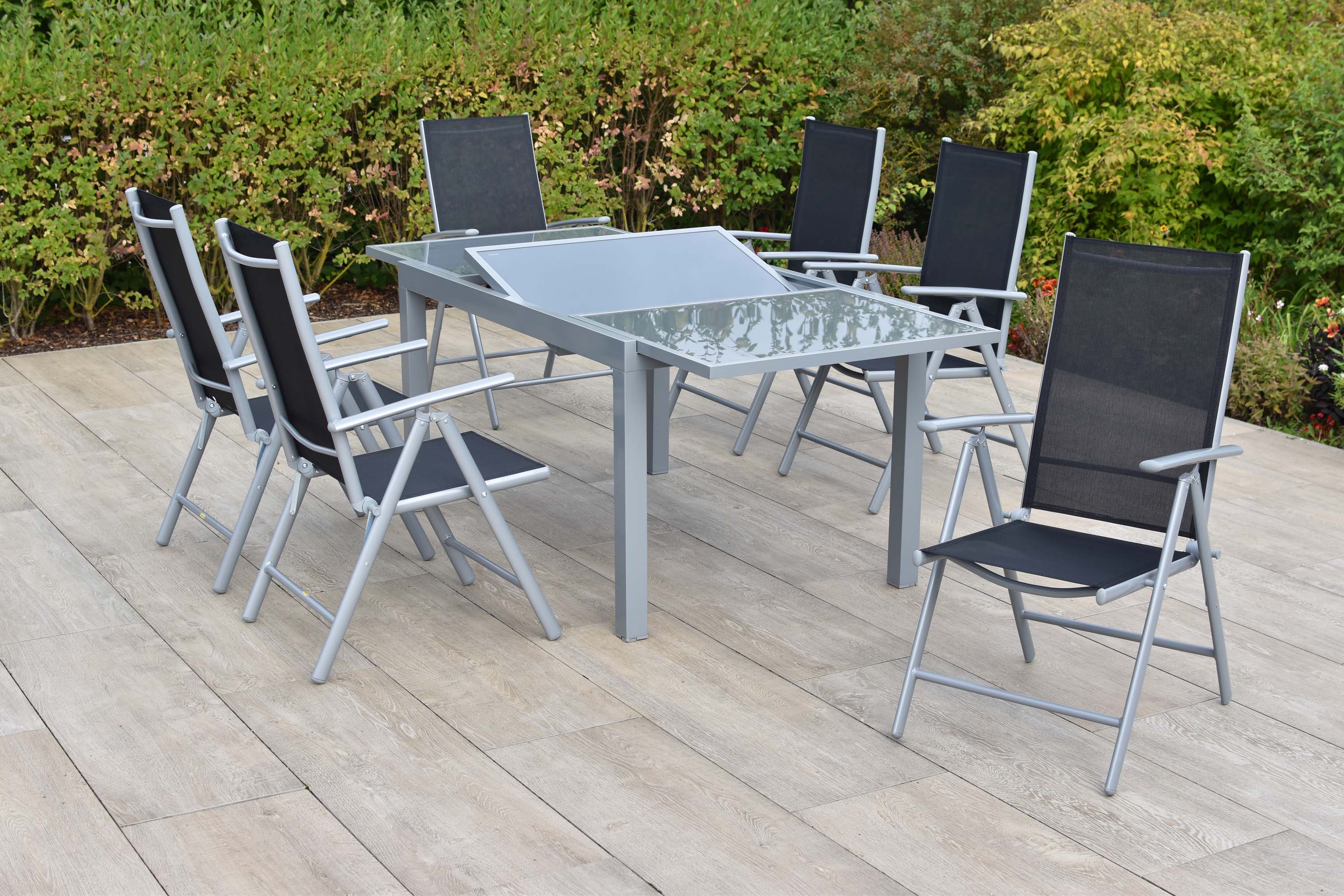Amalfi Set 7tlg., 6 Klappsessel, Ausziehtisch 140 (200) x 90 cm, schwarz Amalfi Set 7tlg., 6 Klappsessel, Ausziehtisch 140 (200) x 90 cm, schwarz