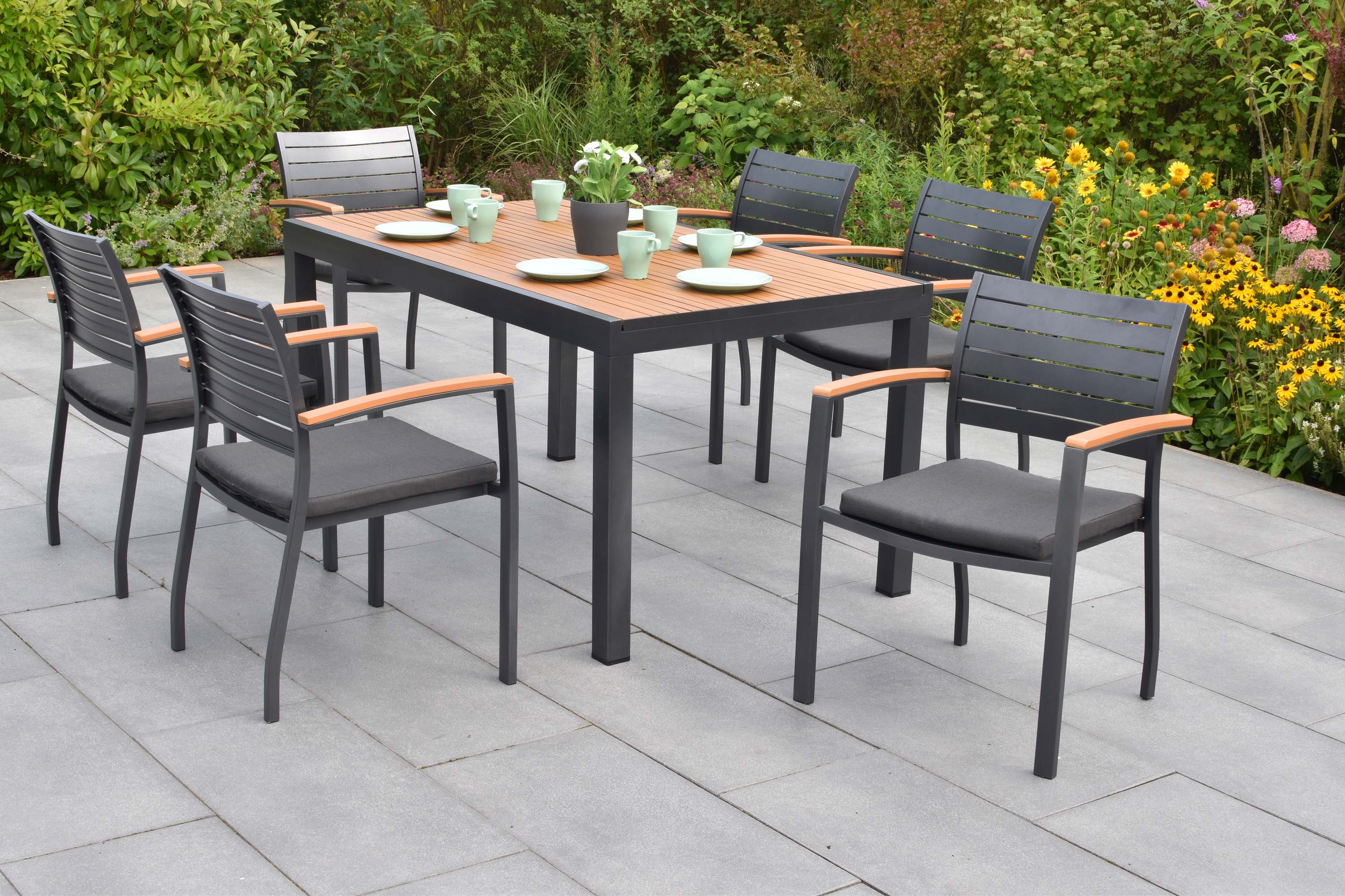 Astros Set 13tlg., 6 Stapelsessel, Ausziehtisch 150 (200) x 90 cm, inkl. Kissen