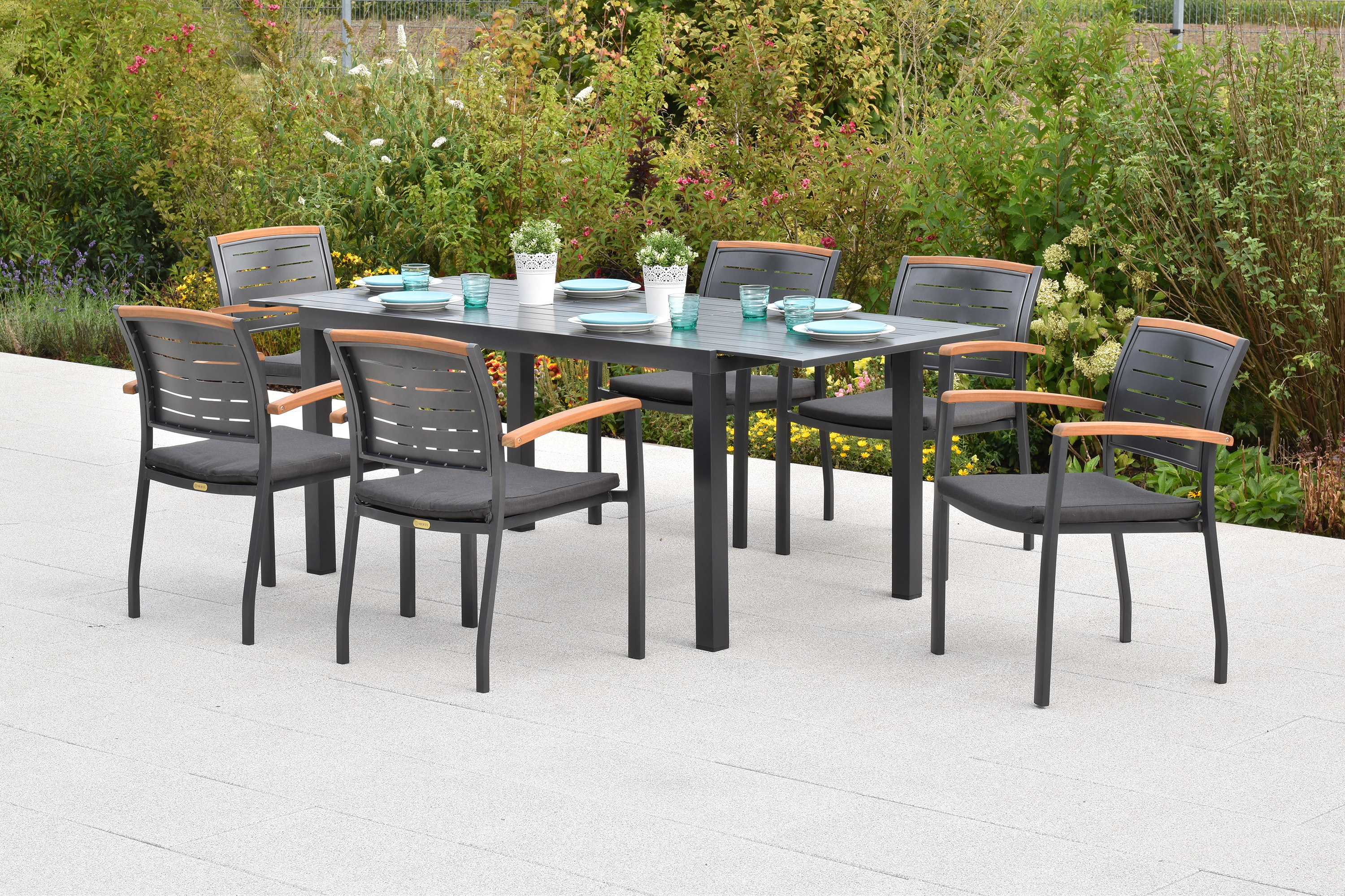 Tinos Set, 13tlg., Ausziehtisch, 150/200 x 90 cm, Tischplatte aus Aluminium, inkl. Kissen, Tinos Set, 13tlg., Ausziehtisch, 150/200 x 90 cm, Tischplatte aus Aluminium, inkl. Kissen,