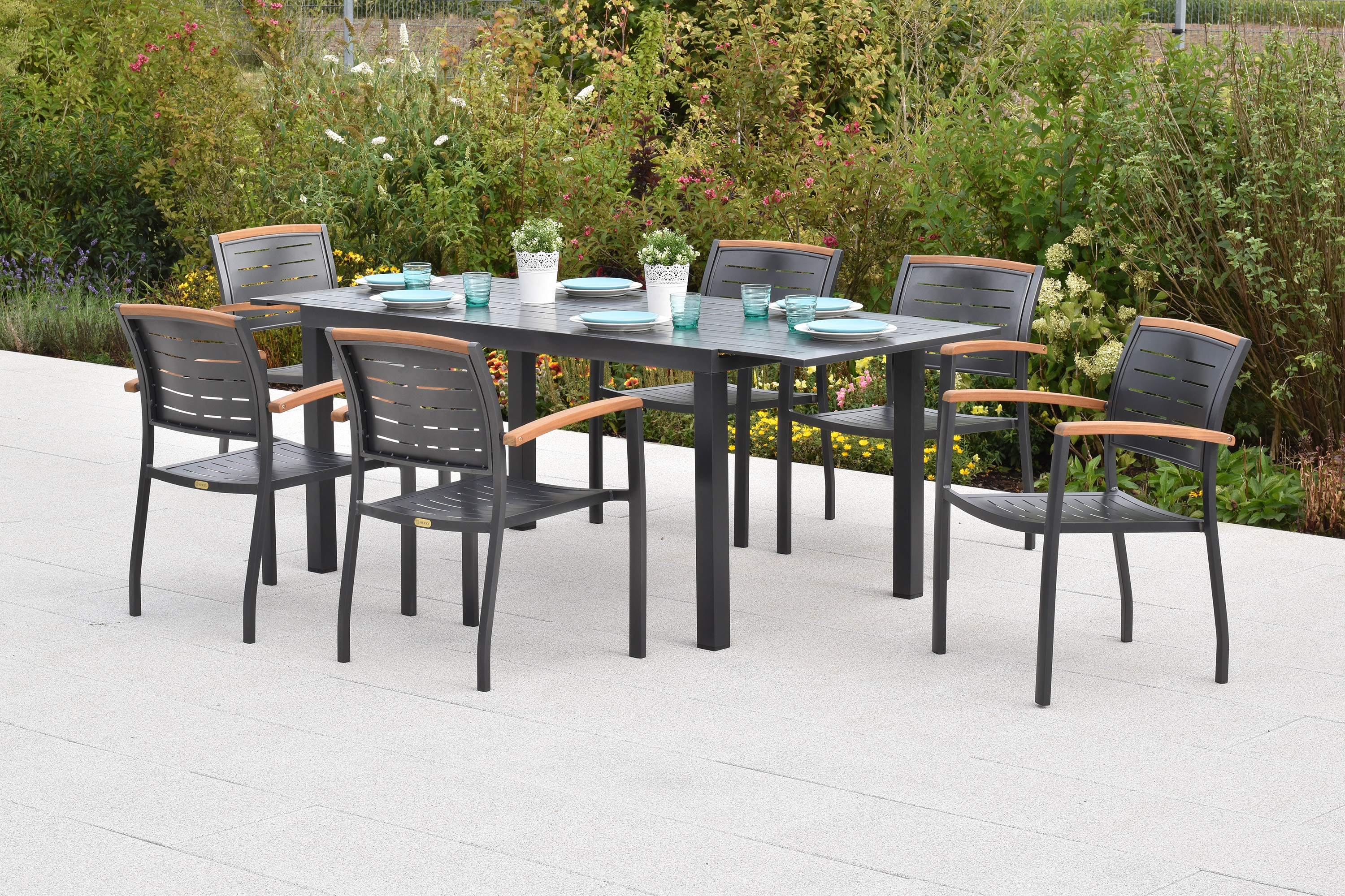 Tinos Set, 7tlg., Ausziehtisch, 150/200 x 90 cm, Tischplatte aus Aluminium Tinos Set, 7tlg., Ausziehtisch, 150/200 x 90 cm, Tischplatte aus Aluminium