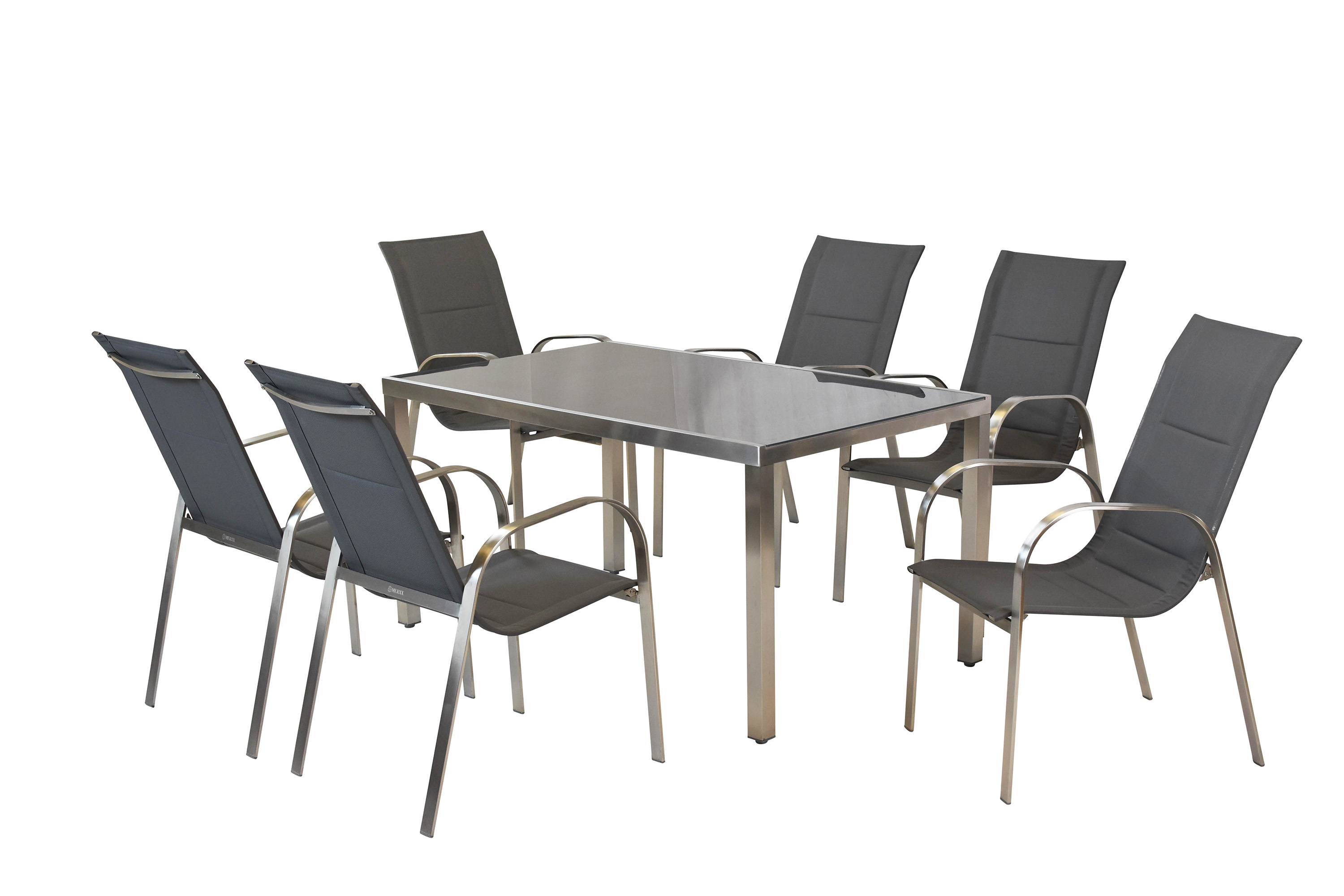 Lucca Set 7tlg., 6 Stapelsessel, Tisch 150 x 90 cm