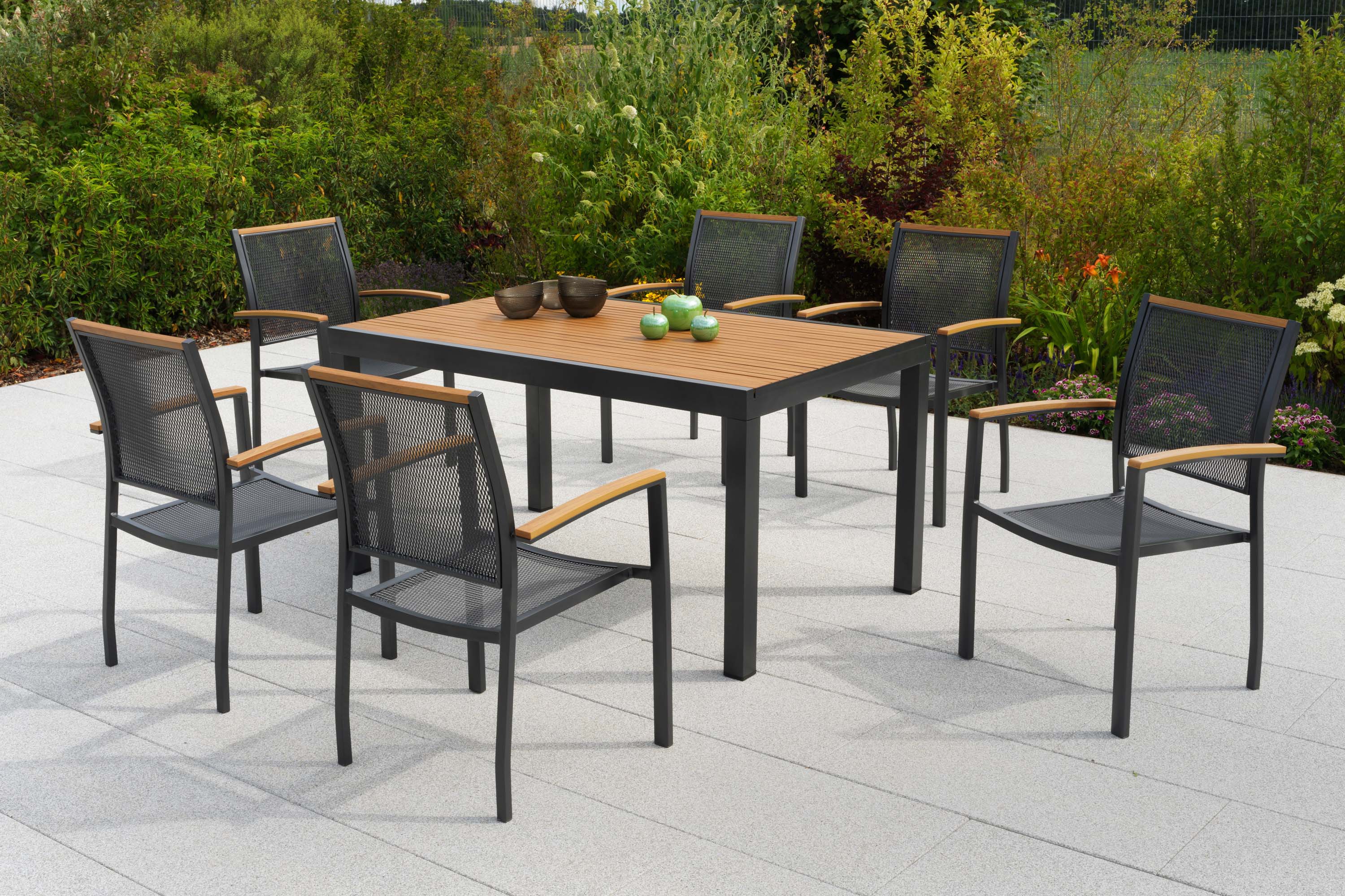 Itanos Set 7tlg., 6 Stapelsessel, Tisch 150 x 90 cm Itanos Set 7tlg., 6 Stapelsessel, Tisch 150 x 90 cm