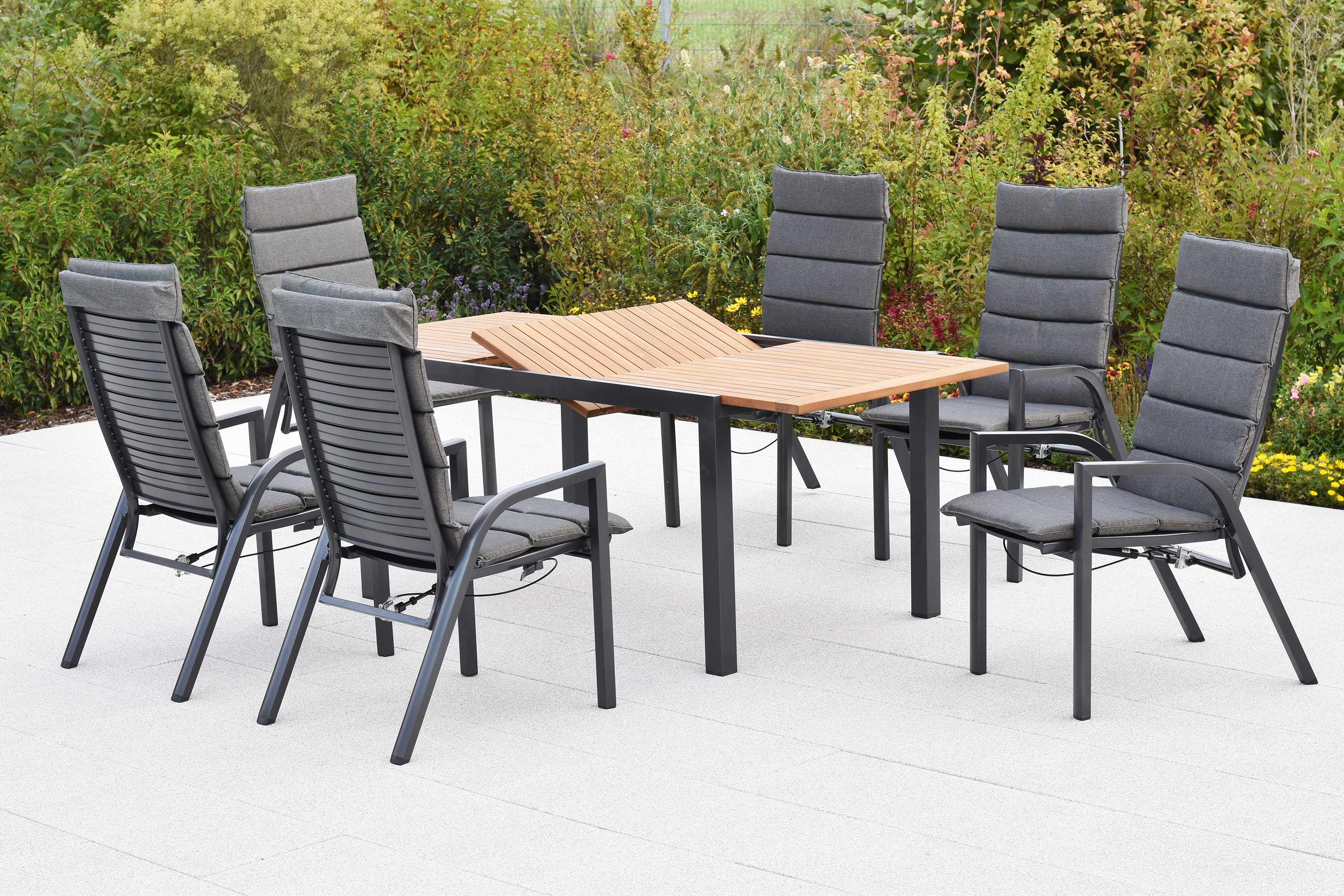 Siros Set, 13tlg., Ausziehtisch, 150/200 x 90 cm, Tischplatte aus Akazienholz, inkl. Kissen Siros Set, 13tlg., Ausziehtisch, 150/200 x 90 cm, Tischplatte aus Akazienholz, inkl. Kissen