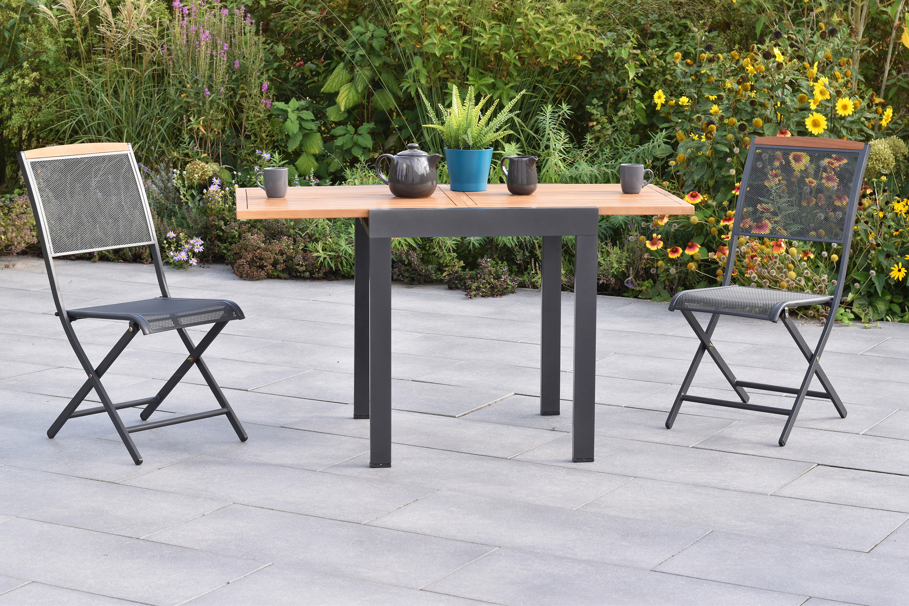 Patmos Set, 3tlg., Balkonausziehtisch 65 x 65/130 cm, Tischplatte aus Akazienholz Patmos Set, 3tlg., Balkonausziehtisch 65 x 65/130 cm, Tischplatte aus Akazienholz