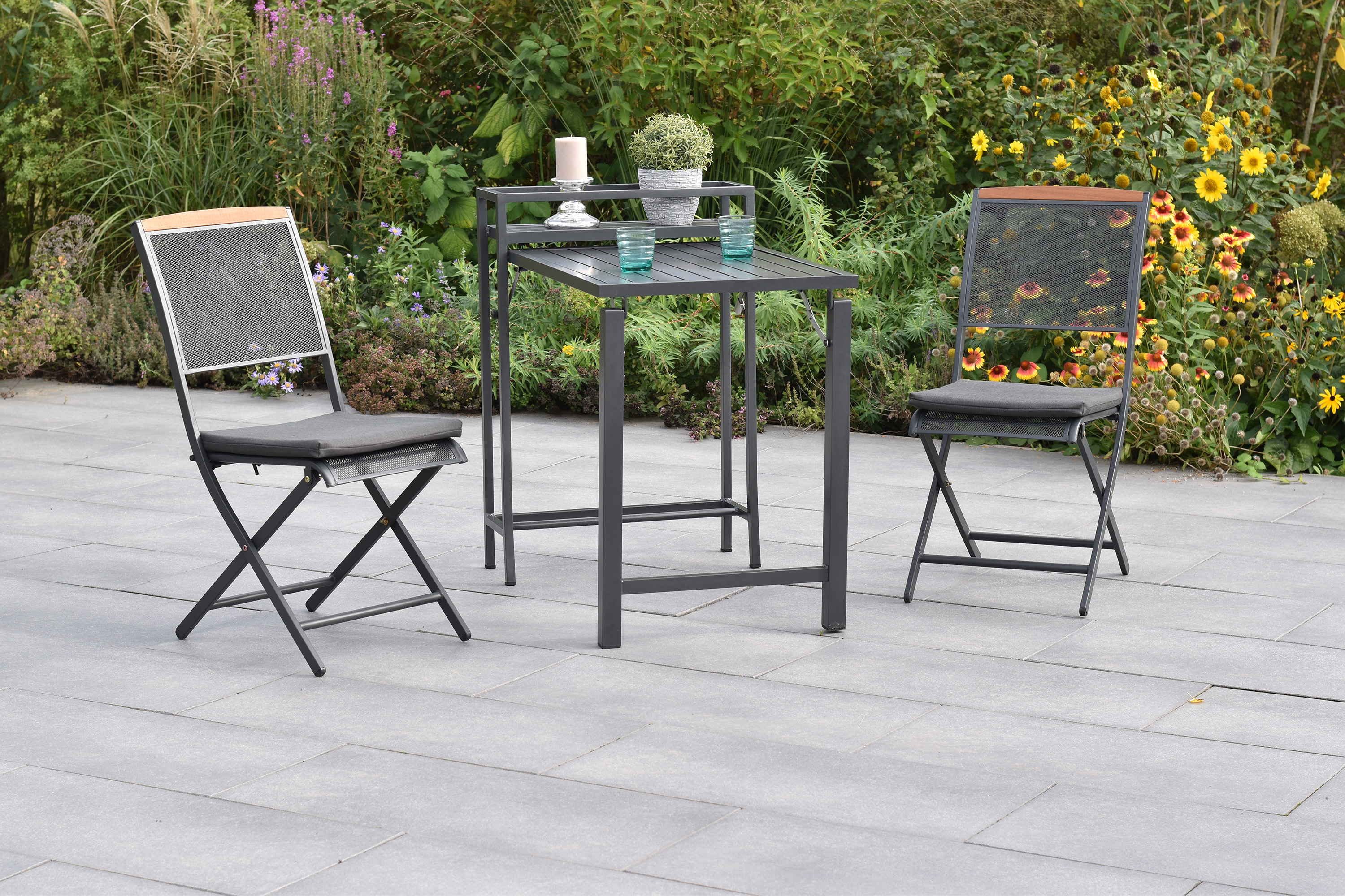 Patmos Set, 5tlg., inkl. Kissen, Balkonklapptisch, 23/91 x 60 cm, Tischplatte aus Aluminium Patmos Set, 5tlg., inkl. Kissen, Balkonklapptisch, 23/91 x 60 cm, Tischplatte aus Aluminium