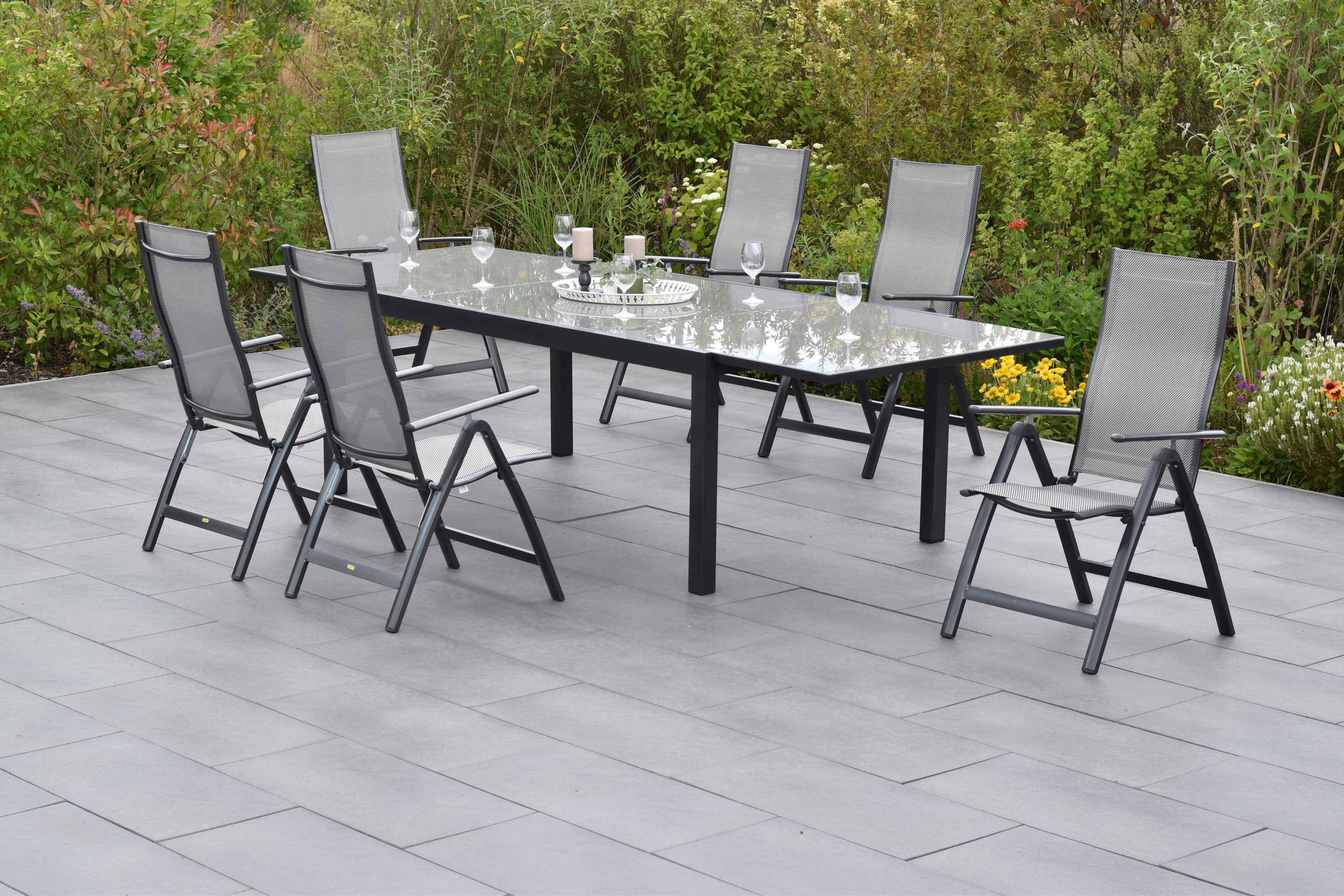 50865-330-2 Carrara Set, 7tlg., 6 Klappsessel, Ausziehtisch 200/300 x 110 cm, diamantbraun