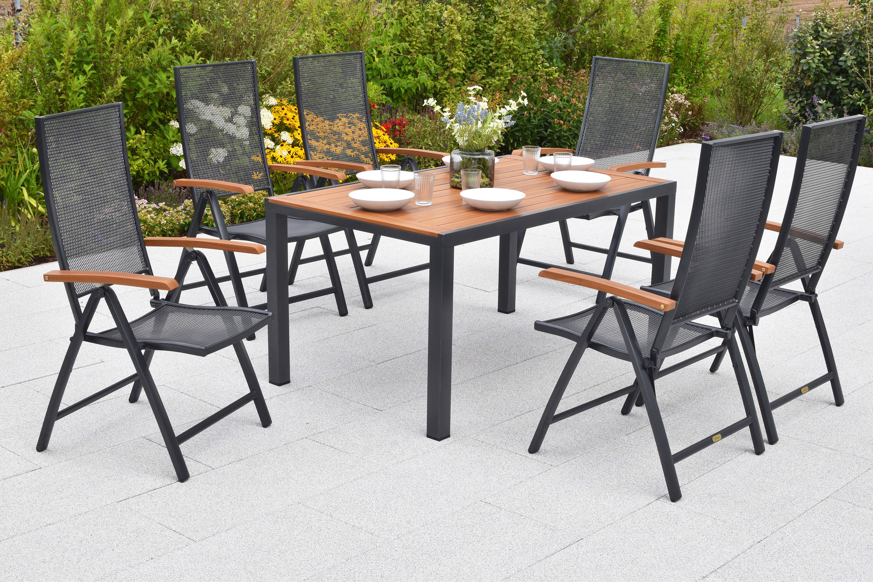 Thasos Set 7tlg., 6 Klappsessel, Tisch 150 x 90 cm, folierte Tischplatte in Holzoptik