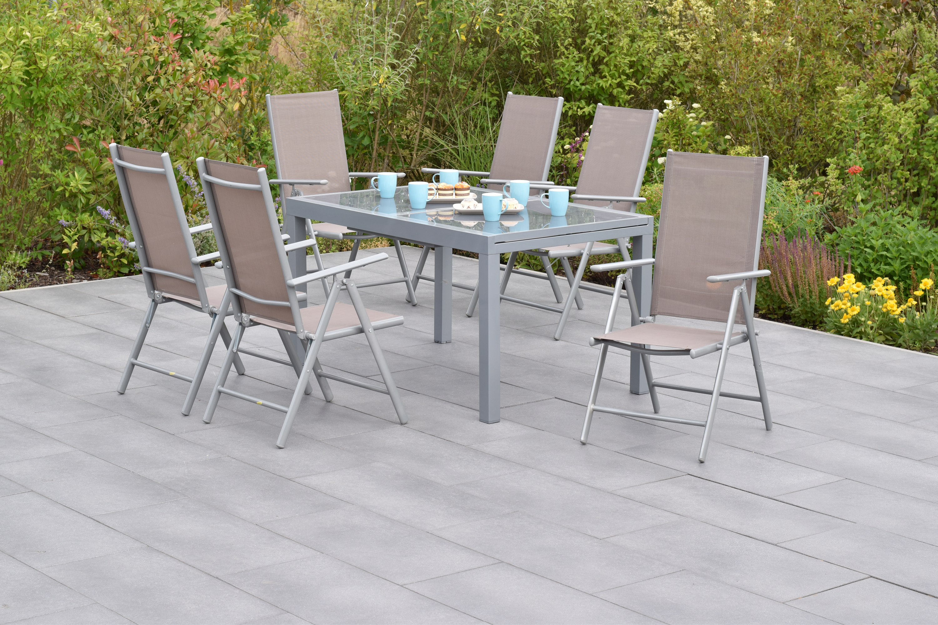 Amalfi Set 7tlg., 6 Klappsessel, Ausziehtisch 160 (220) x 90 cm, taupe