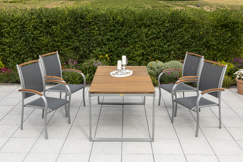 Siena-Set-5tlg-4x-26300-219-22004-219-NB-1 Siena Set 5tlg., 4 Stapelsessel, Ausziehtisch 150 (200) x 90 cm, silber