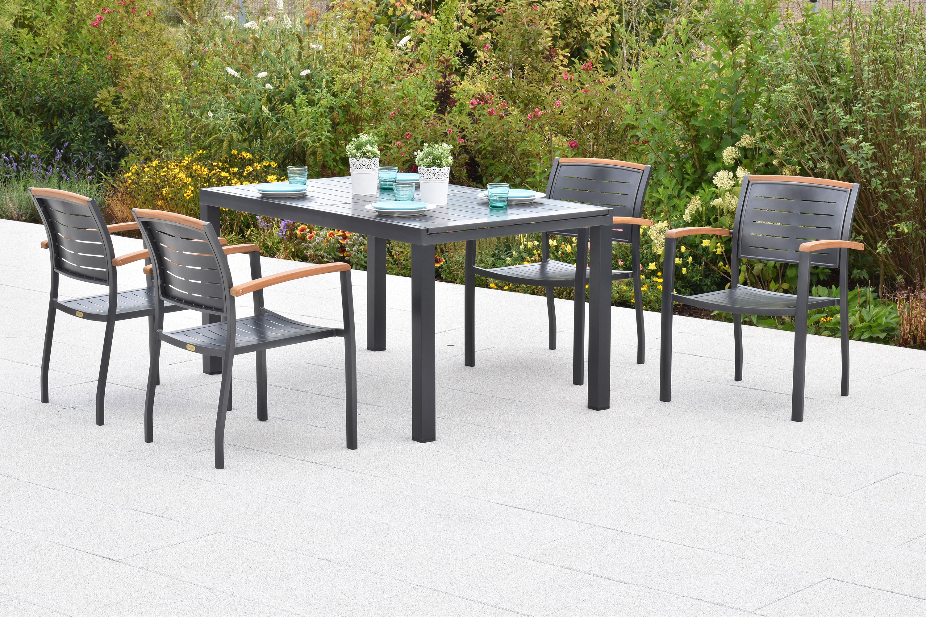 Tinos Set, 5tlg., Ausziehtisch, 150/200 x 90 cm, Tischplatte aus Aluminium Tinos Set, 5tlg., Ausziehtisch, 150/200 x 90 cm, Tischplatte aus Aluminium