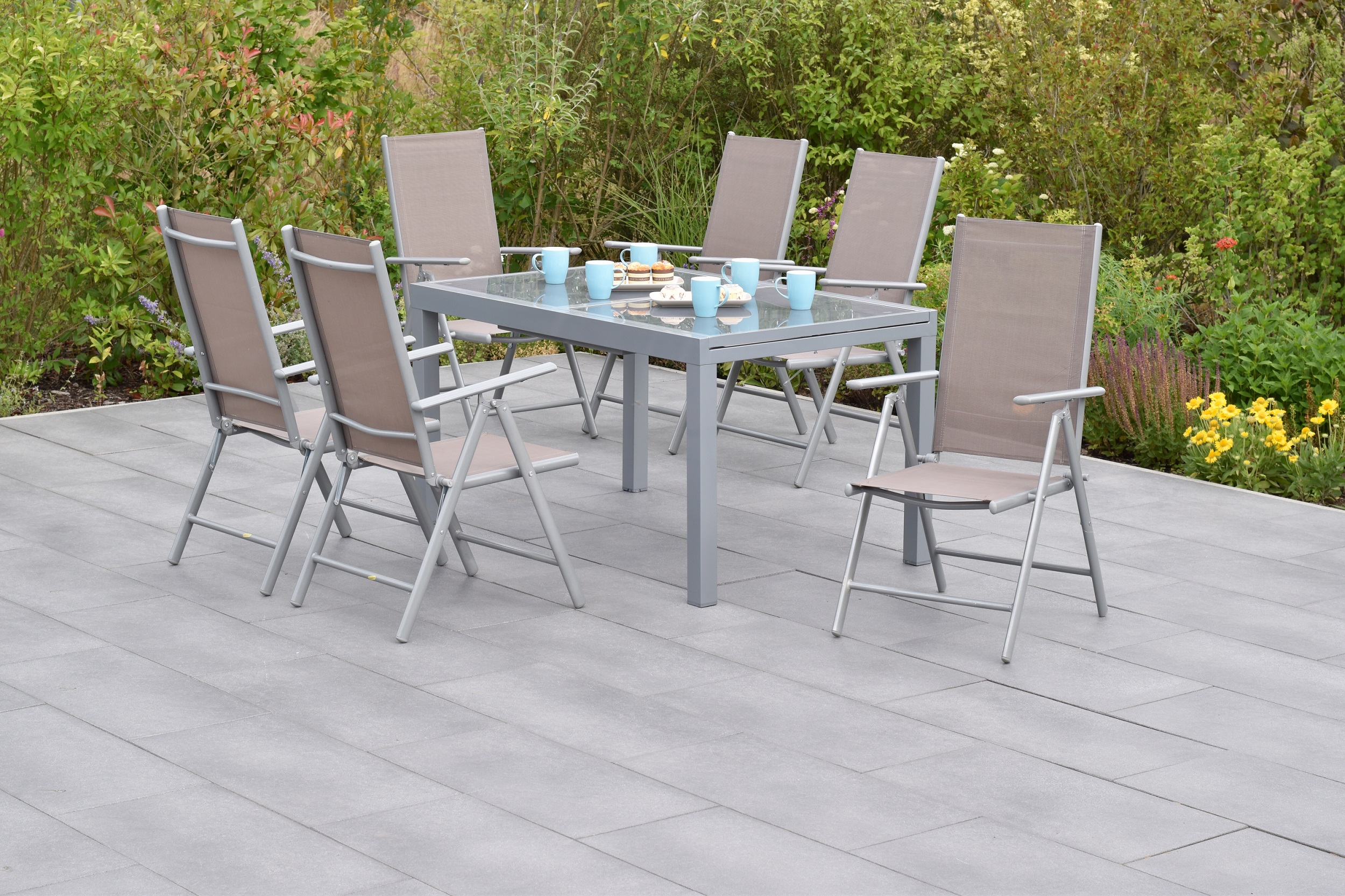 Amalfi Set 7tlg., 6 Klappsessel, Ausziehtisch 140 (200) x 90 cm, taupe