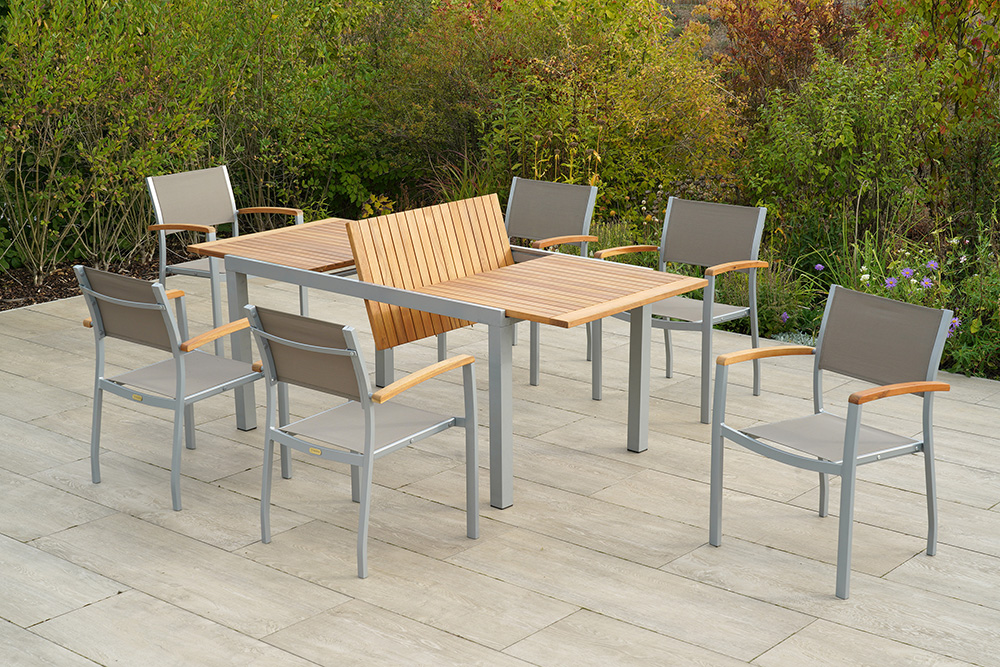Naxos-Set-7tlg-6x-22000-309-21605-219-SS-2 Naxos Set 7tlg., 6 Stapelsessel, Ausziehtisch 150 (200) x 90 cm, silber