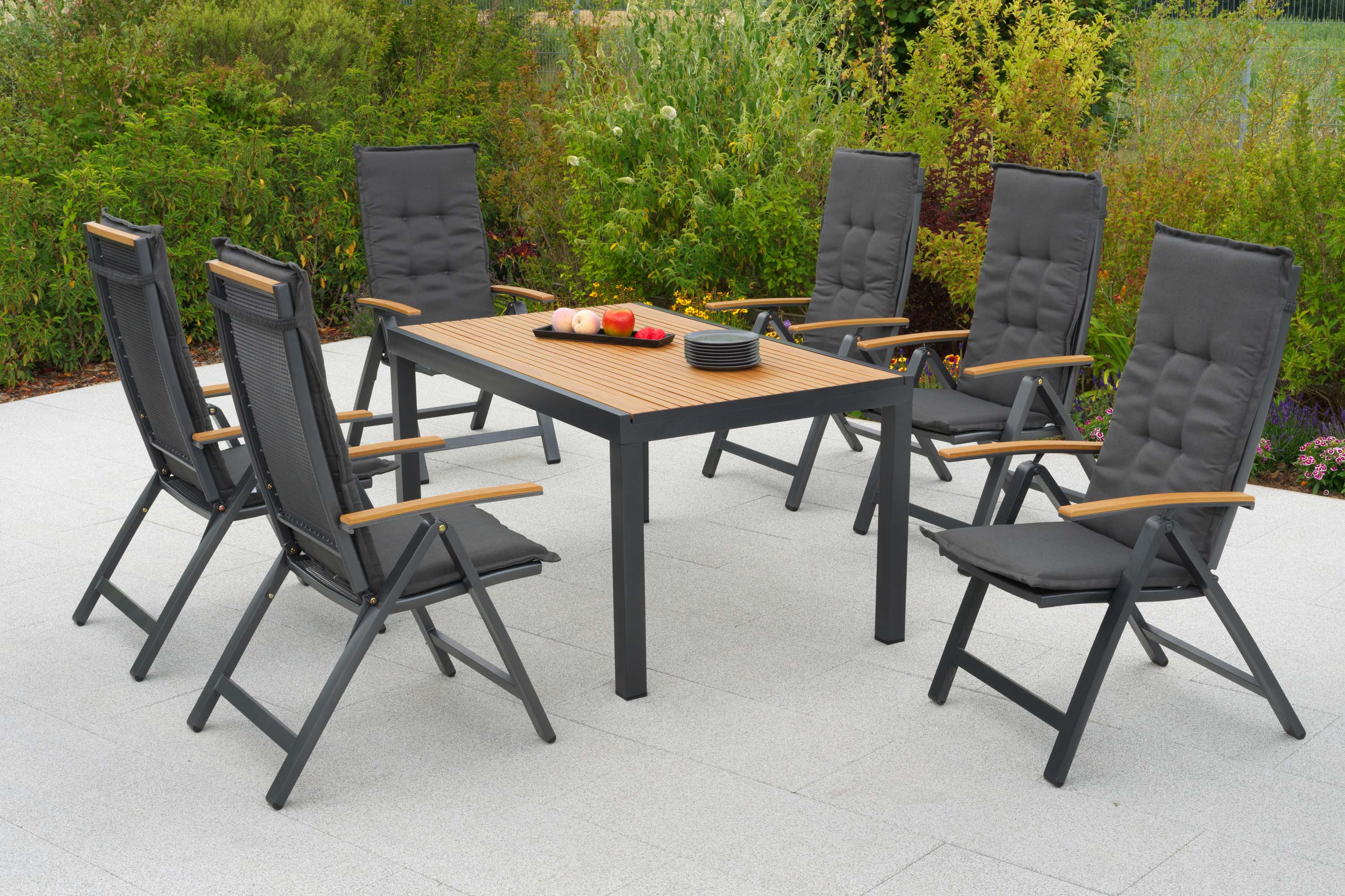 Itanos Set 13tlg., 6 Klappsessel, Tisch 150 x 90cm, inkl. Kissen Itanos Set 13tlg., 6 Klappsessel, Tisch 150 x 90cm, inkl. Kissen