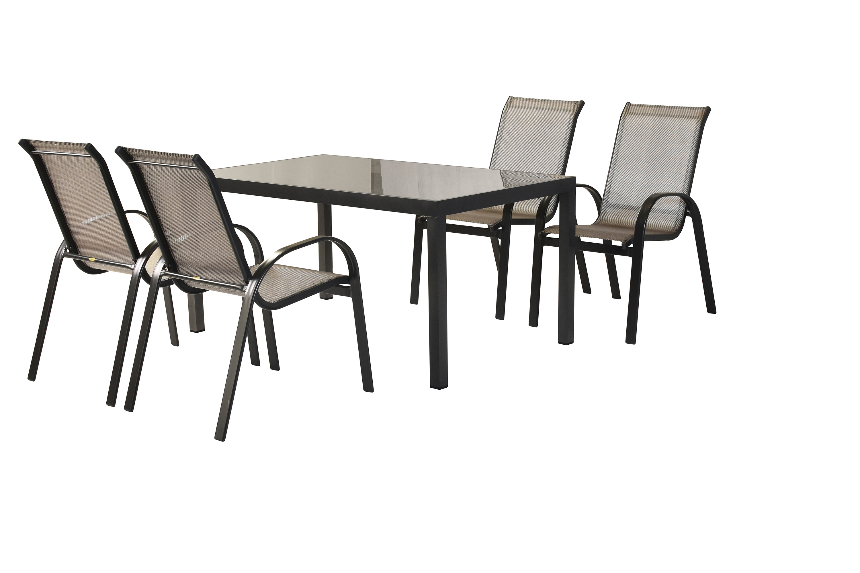 Amalfi Set 5 tlg., 4 Stapelsessel, Tisch 150 x 90 cm, grau Amalfi Set 5 tlg., 4 Stapelsessel, Tisch 150 x 90 cm, grau