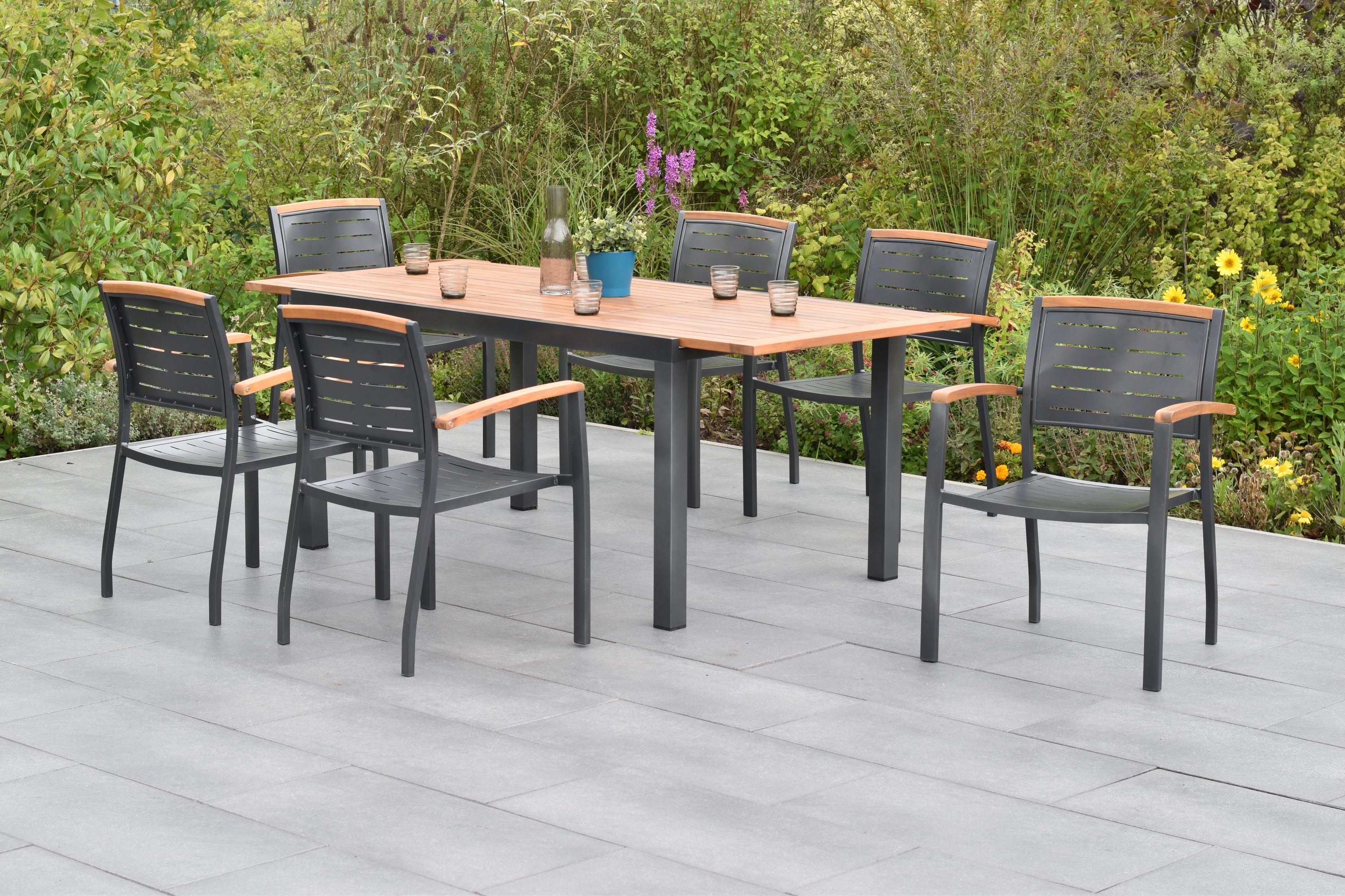 Tinos Set 7tlg., 6 stapelsessel, Ausziehtisch 150/200 x 90 cm