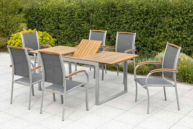 Siena-Set-7tlg-6x-26300-219-22004-219-NB-2 Siena Set, 7tlg., 6 Stapelsessel, Ausziehtisch 150/200 x 90 cm, silber