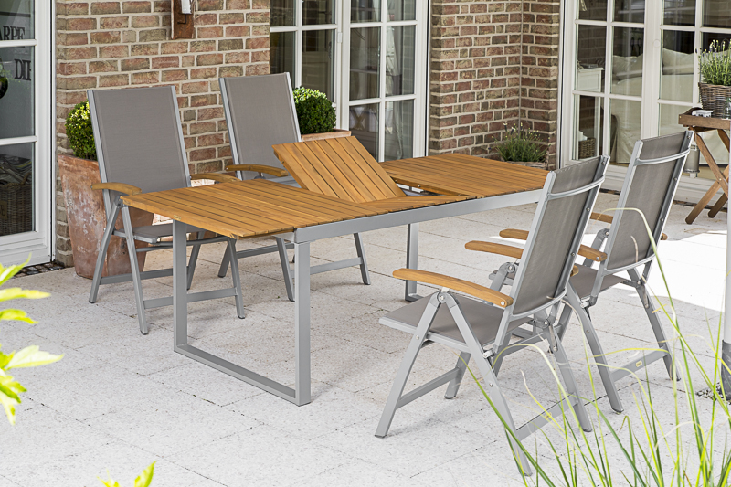 Naxos-Set-5tlg-4x-22005-309-22004-219-NB-3 Naxos Set, 5tlg., 4 Klappsessel, Ausziehtisch 150/200 x 90 cm, silber