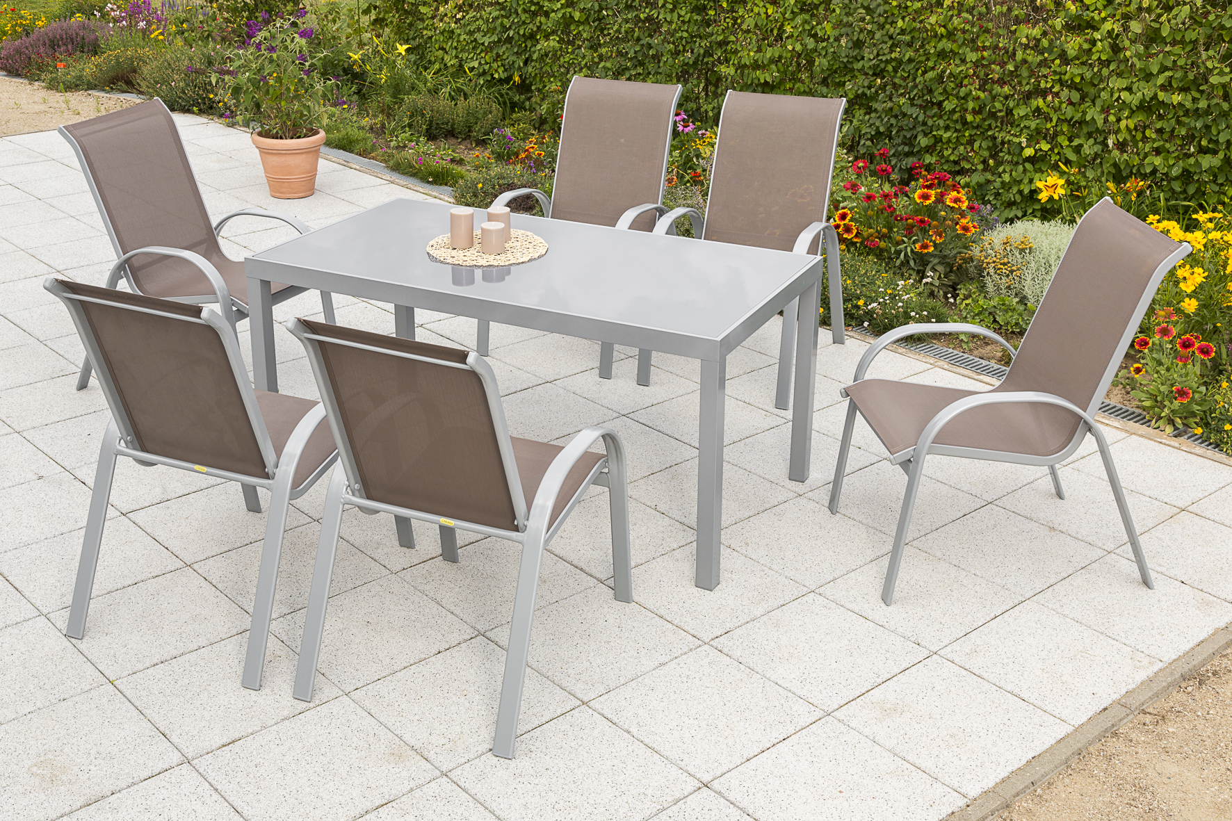 Amalfi Set 7tlg., 6 Stapelsessel, Tisch 150 x 90 cm, taupe Amalfi Set 7tlg., 6 Stapelsessel, Tisch 150 x 90 cm, taupe