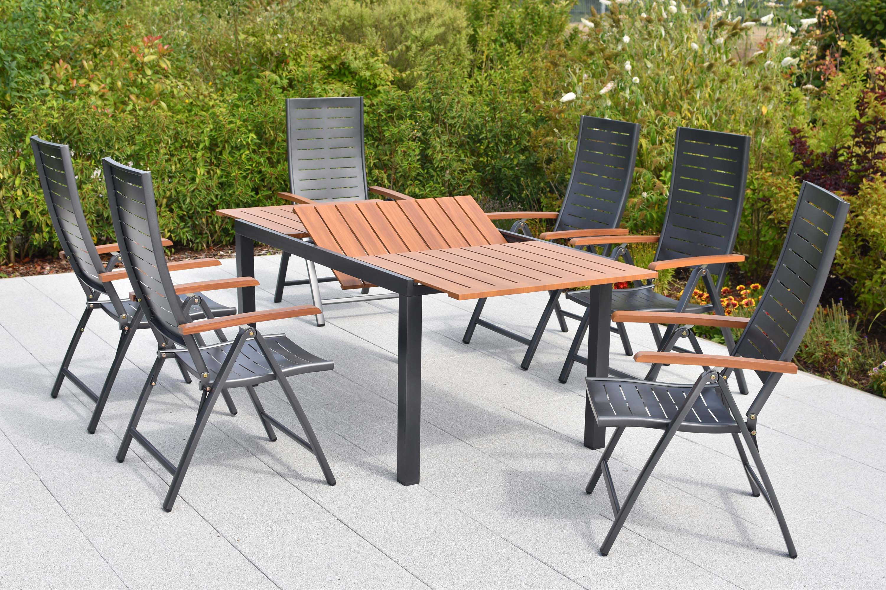 Tinos Set 7tlg., 6 Klappsessel, Ausziehtisch 150 (200) x 90 cm