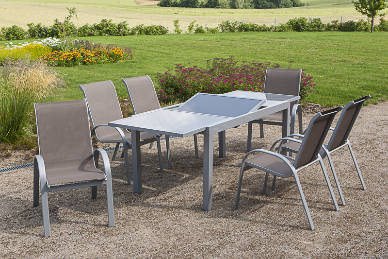 Amalfi-Set-7tlg-taupe-6x-26310-325-26452-219-NB-1 Amalfi Set 7tlg., 6 Stapelsessel, Auszietisch 160 (220) x 90 cm, taupe