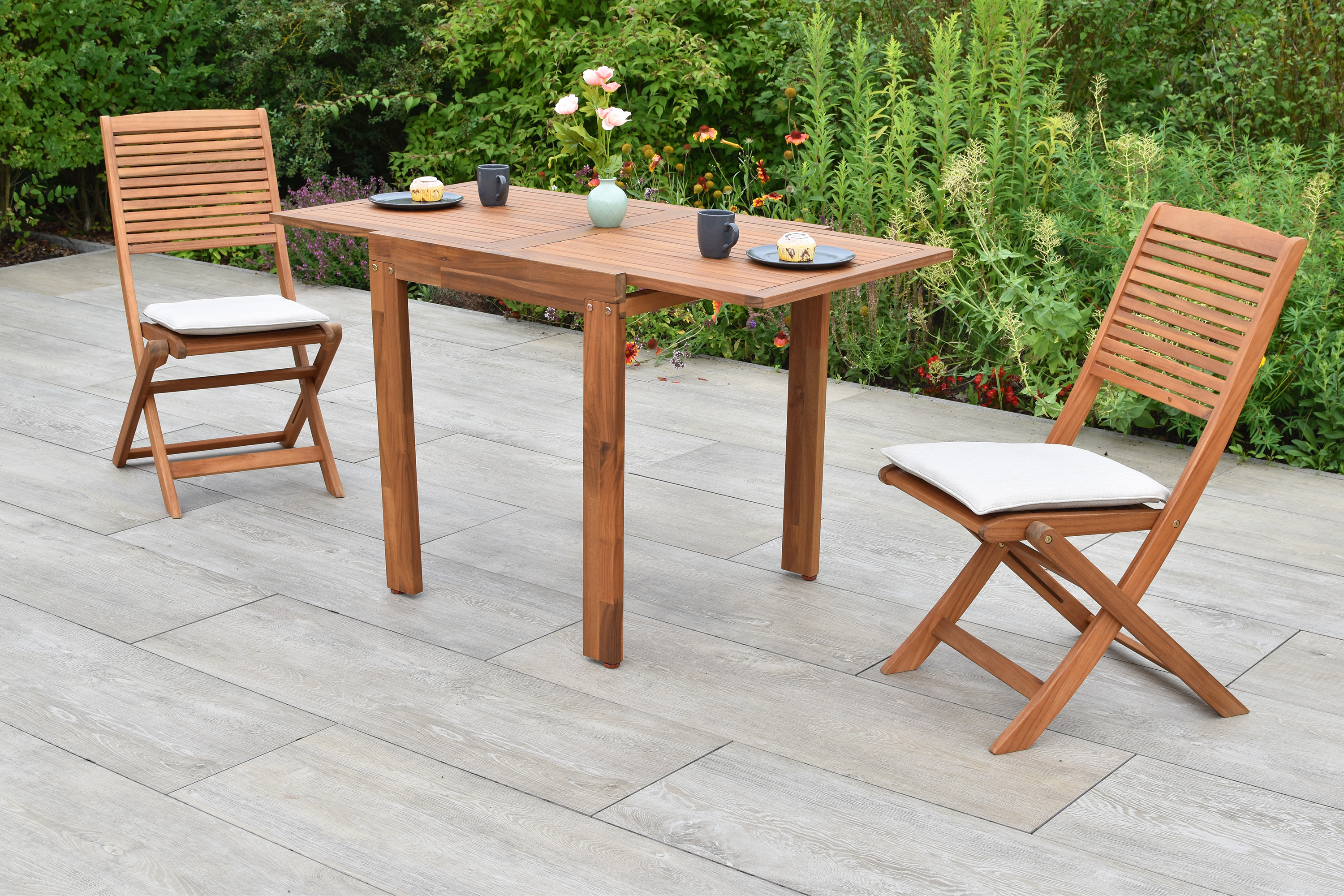 Bali Set 5tlg., 2 Klappstühle, Balkonausziehtisch 65 (130) x 70 cm, inkl. Kissen