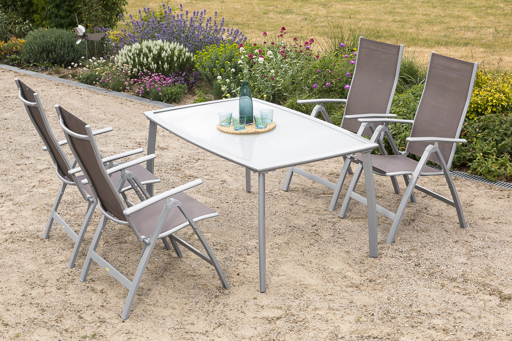Carrara Set, 5tlg., 4 Klappsessel, Tisch 150 x 90 cm, taupe Carrara Set, 5tlg., 4 Klappsessel, Tisch 150 x 90 cm, taupe
