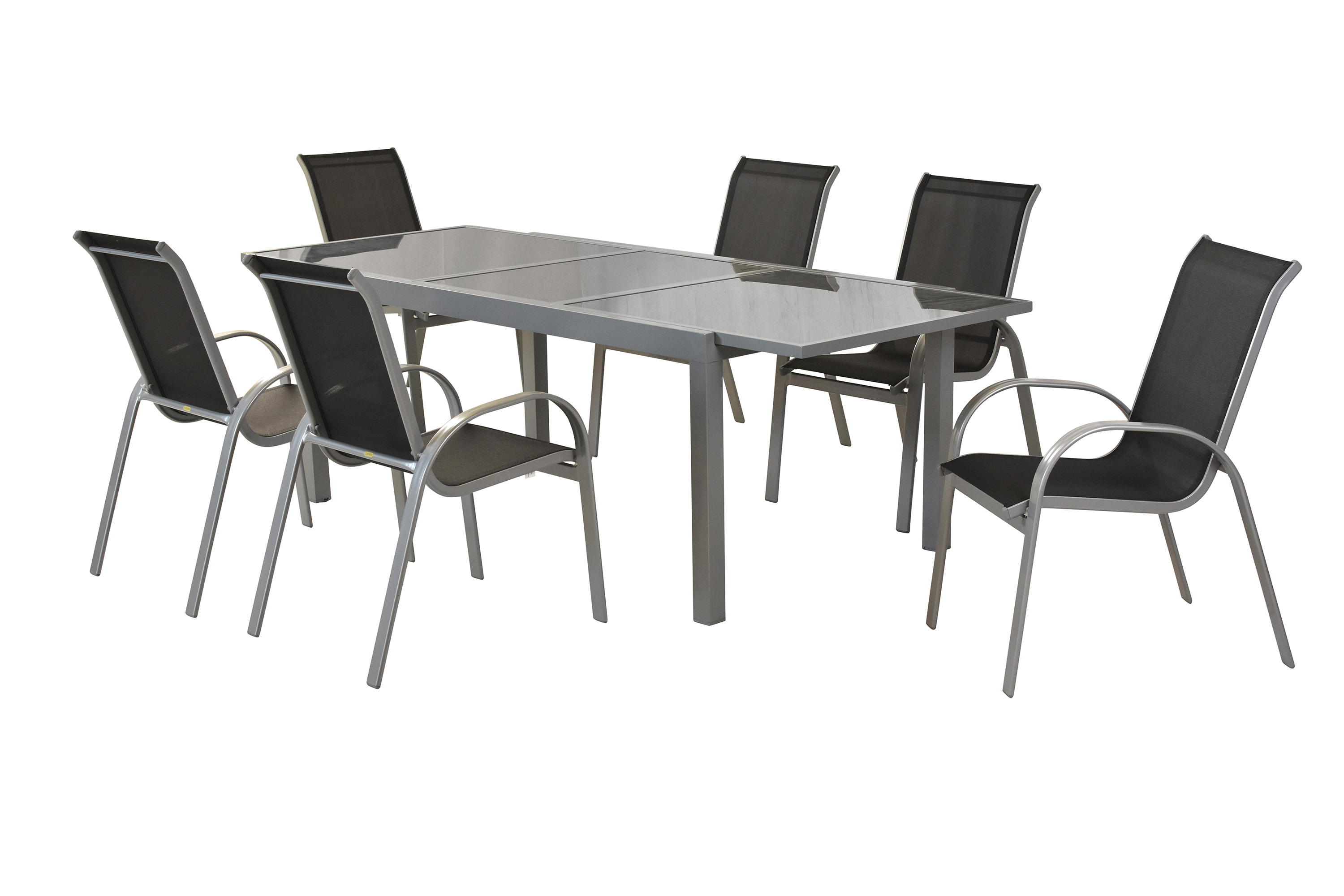 Amalfi Set 7tlg., 6 Stapelsessel, Auszietisch 140 (200) x 90 cm, schwarz
