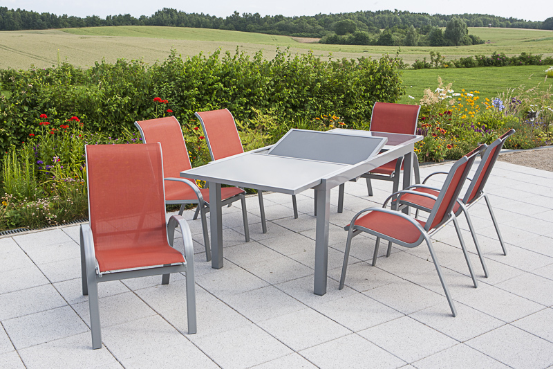 Amalfi-Set-7tlg-terra-6x-26310-316-26452-219-NB-1 Amalfi Set, 7tlg., 6 Stapelsessel, Auszietisch 160/220 x 90 cm, terracotta
