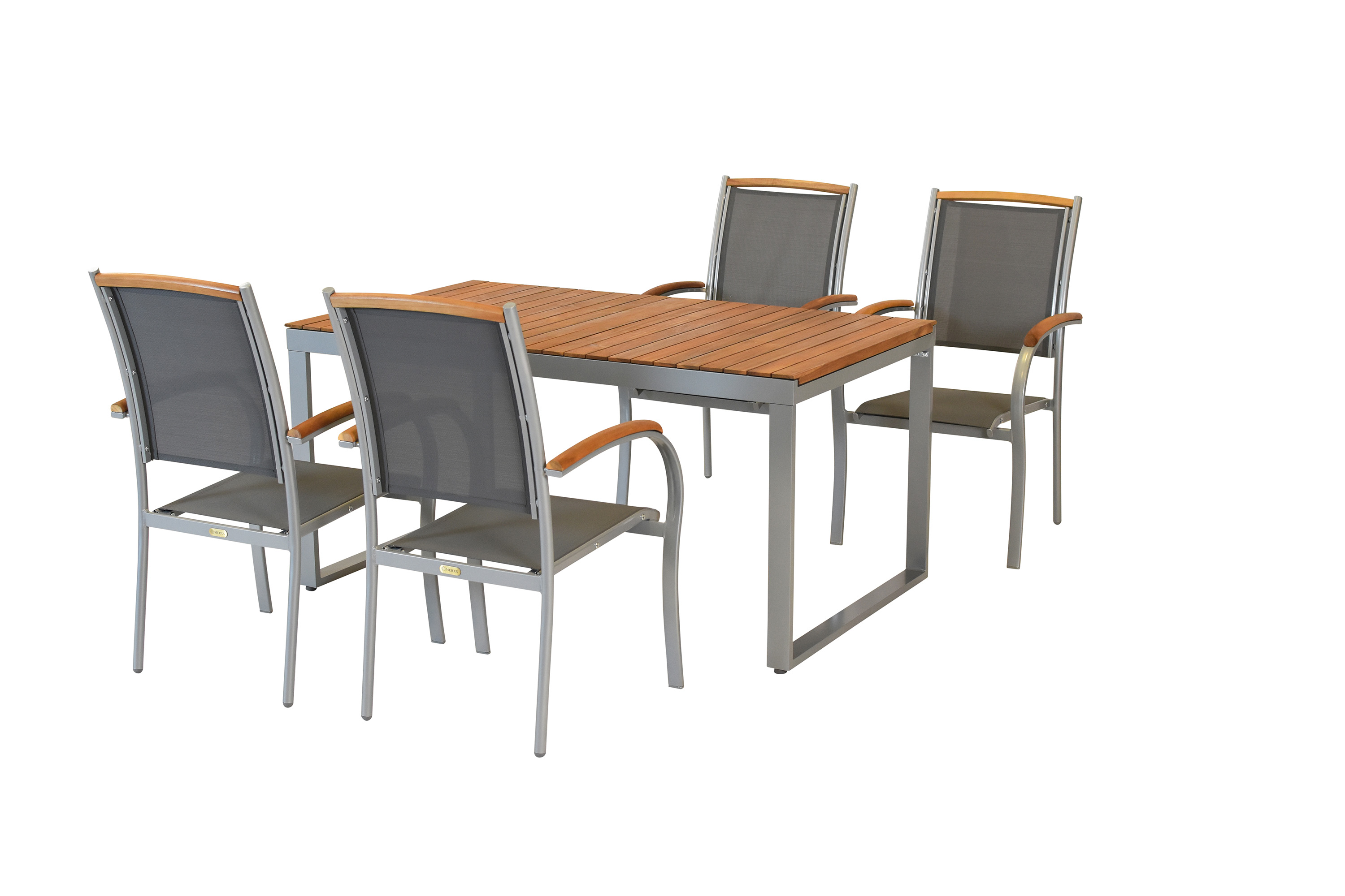 Siena Set 5tlg., 4 Stapelsessel, Ausziehtisch 150 (200) x 90 cm, silber Siena Set 5tlg., 4 Stapelsessel, Ausziehtisch 150 (200) x 90 cm, silber