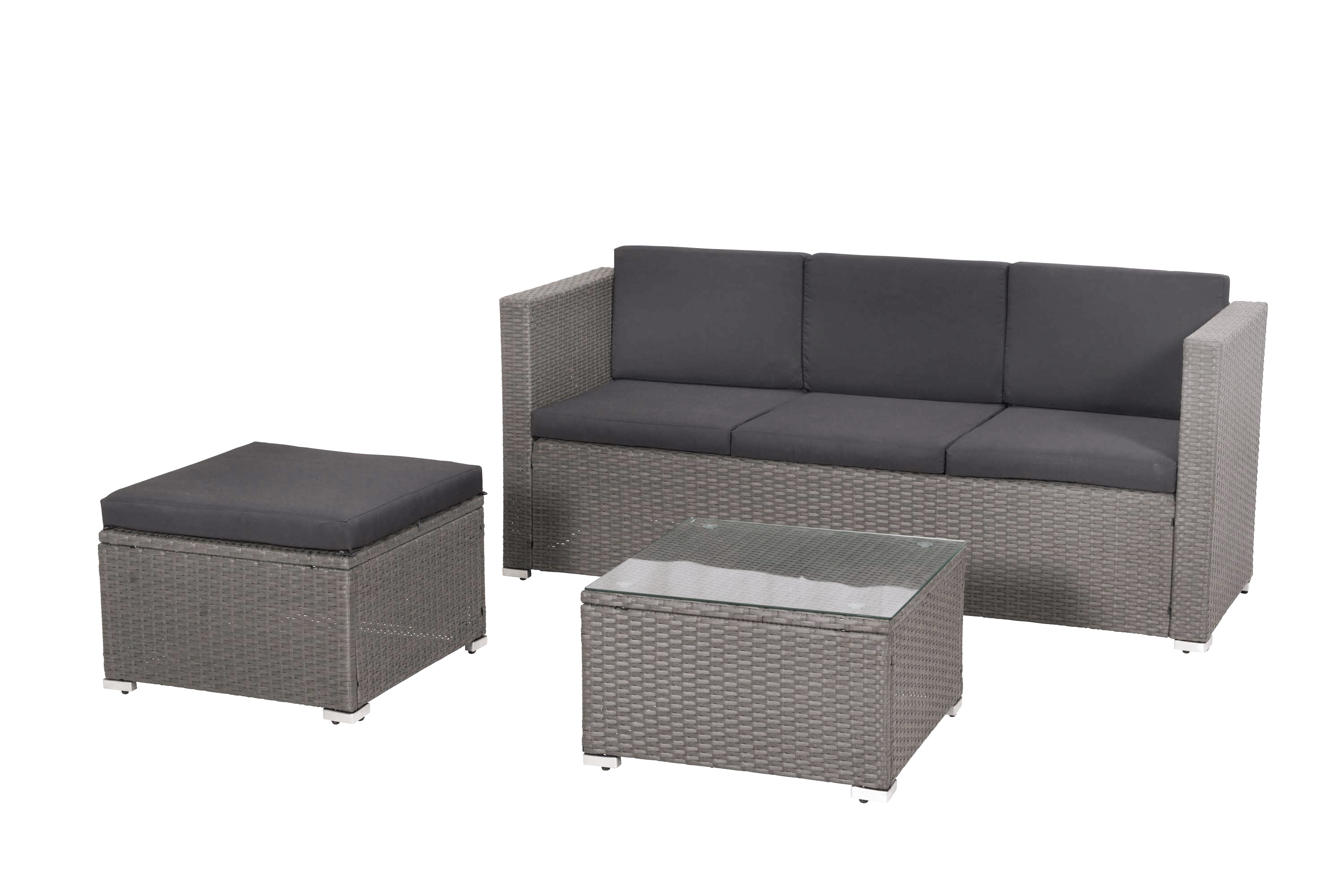 Malta Lounge Set, dreisitzige Bank, 1 Hocker, Tisch, inkl. Kissen