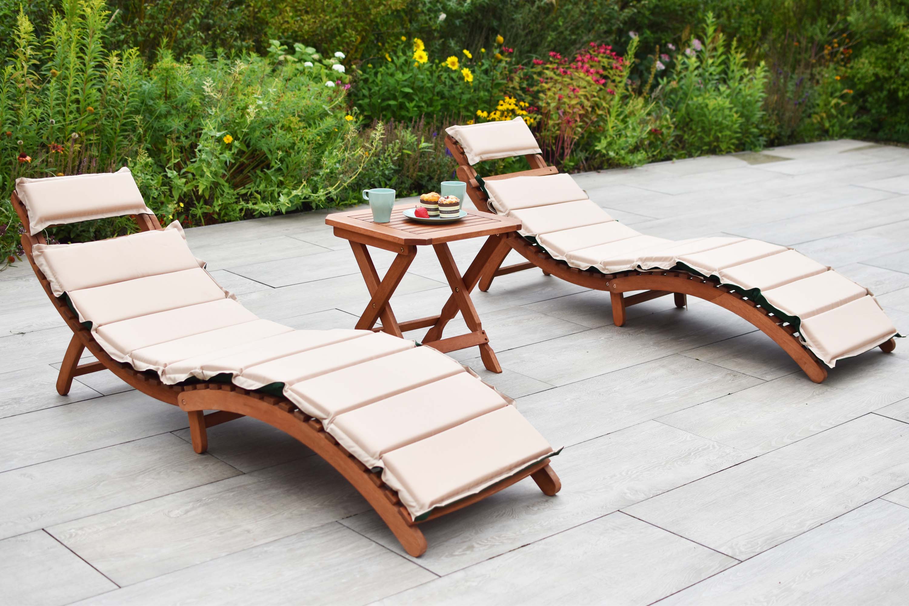 Ipanema Set 3tlg., 2 Liegen, Hocker 50 x 50 cm, inkl. Kissen, grün/beige