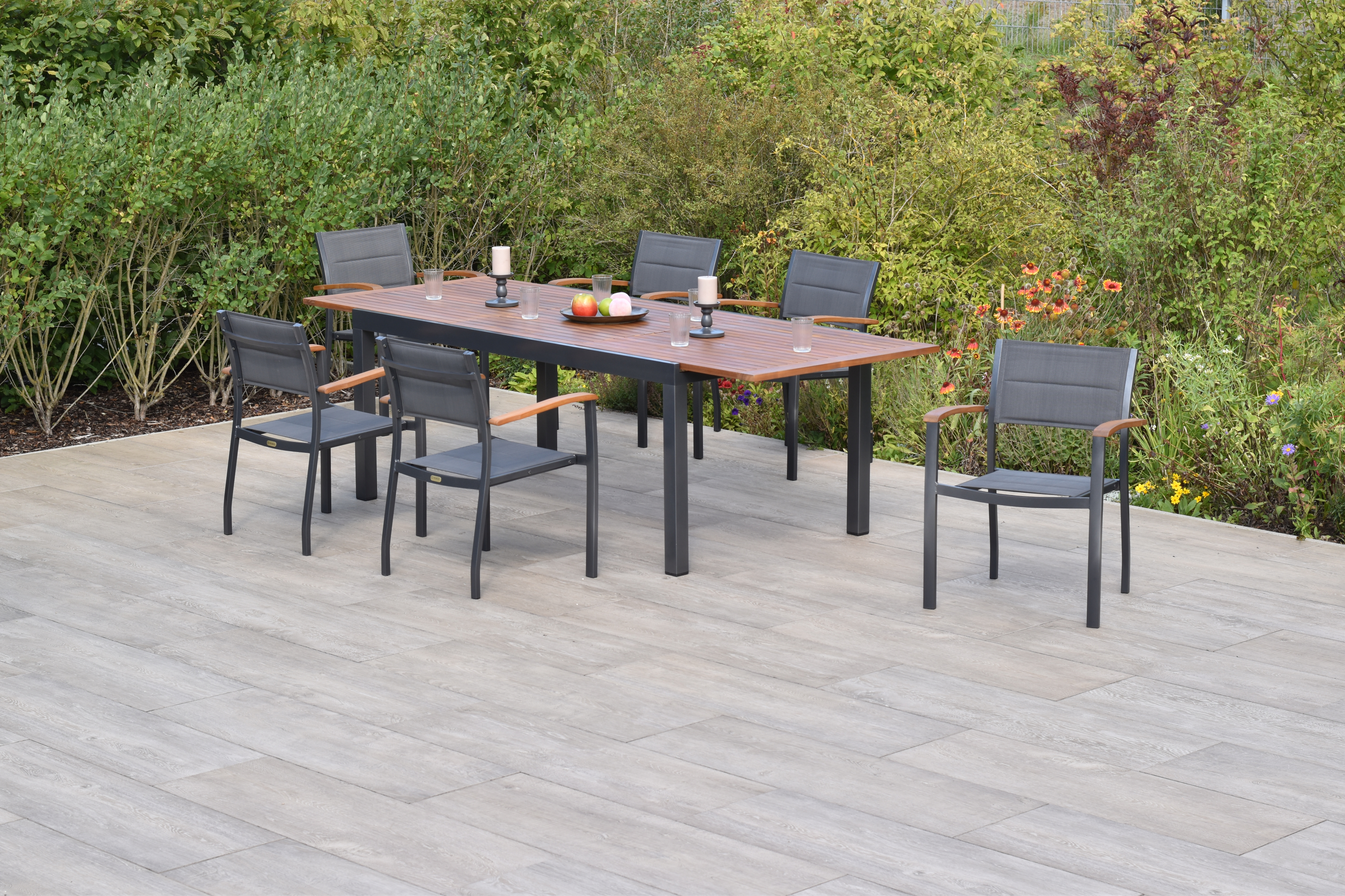 50820-307-2 Paxos Set, 7tlg., 6 Stapelsessel, Ausziehtisch 180/250 x 100 cm, graphit