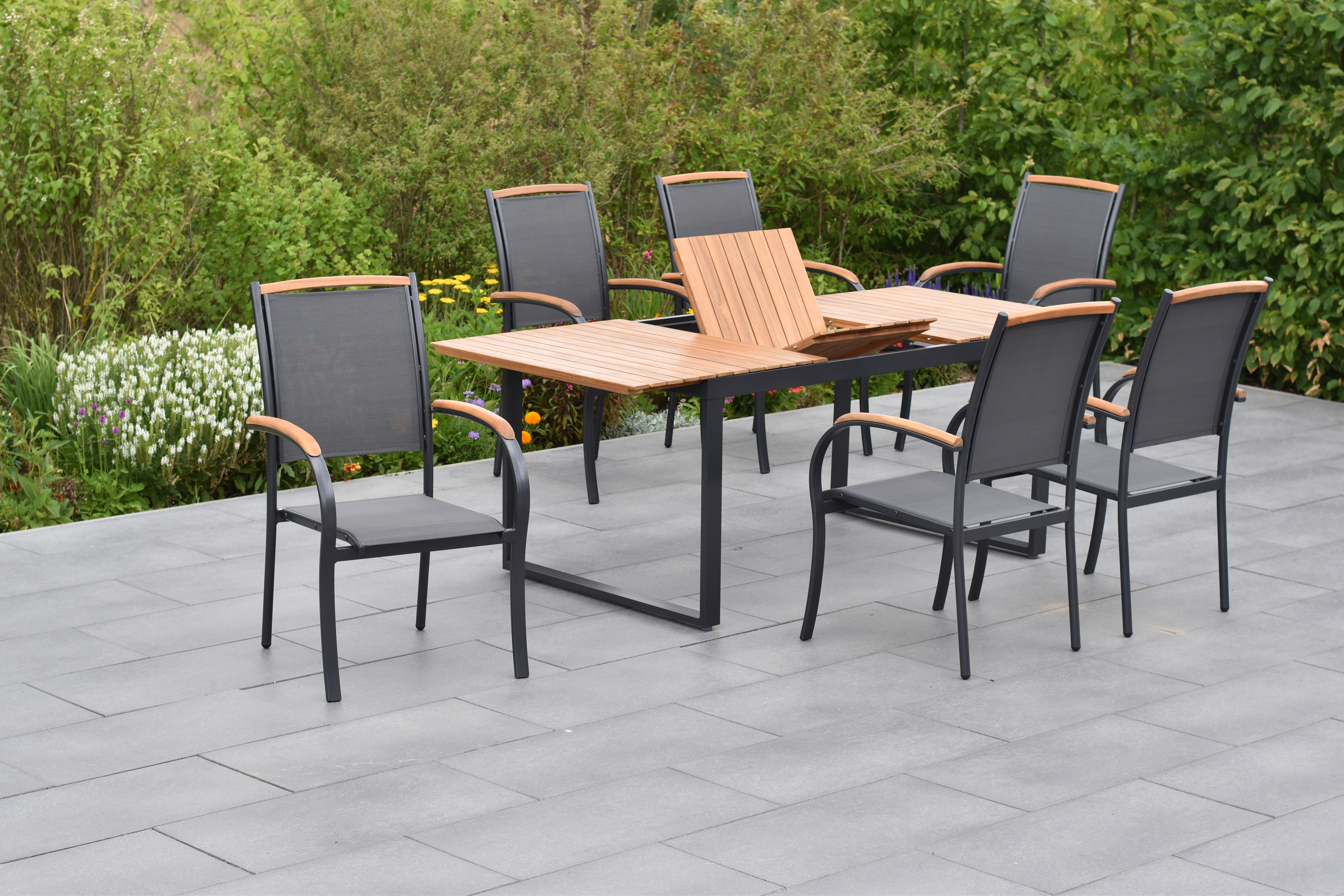 50845-309-3 Siena Set, 7tlg., 6 Stapelsessel, Ausziehtisch 150/200 x 90 cm, graphit