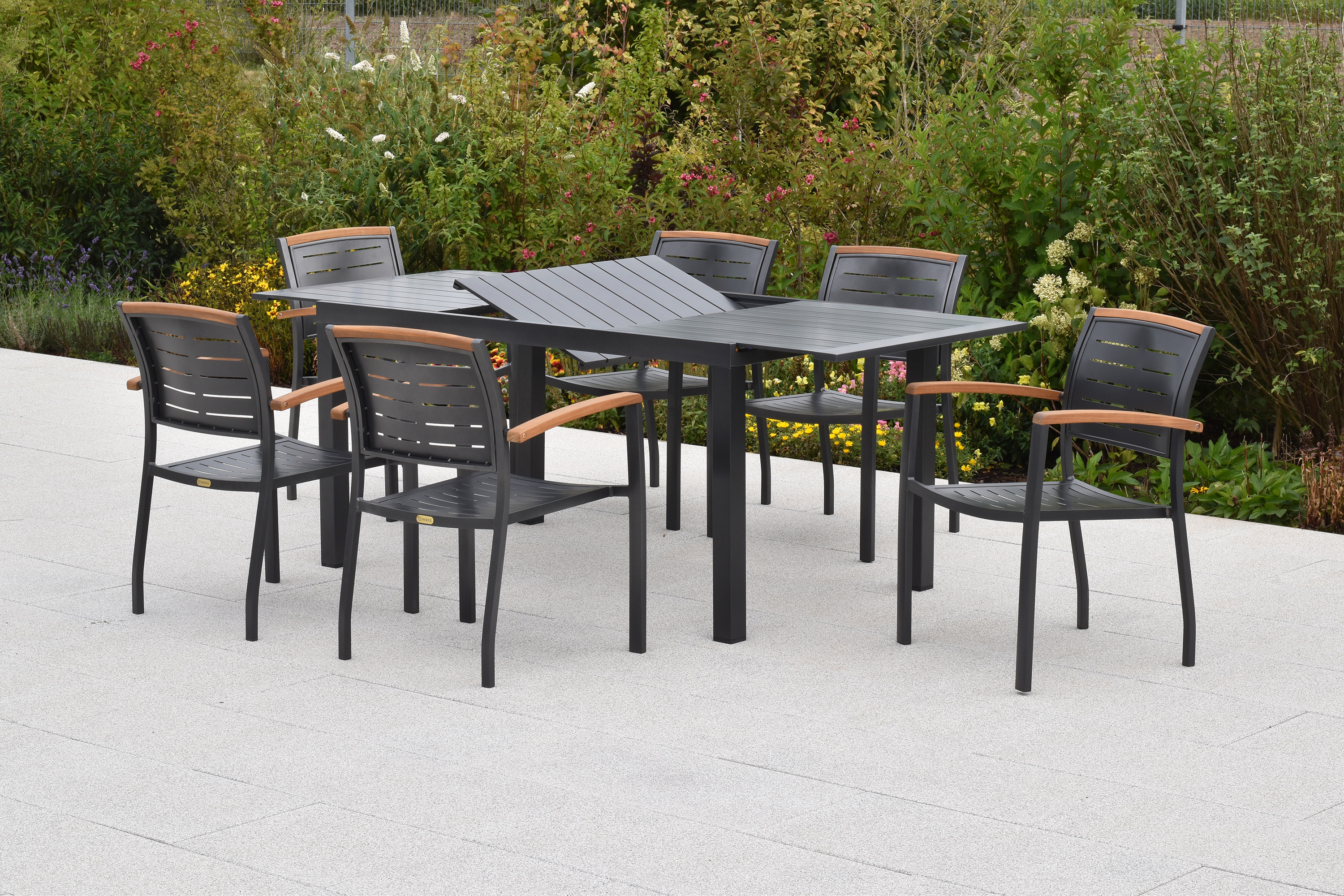 Tinos Set, 7tlg., Ausziehtisch, 150/200 x 90 cm, Tischplatte aus Aluminium Tinos Set, 7tlg., Ausziehtisch, 150/200 x 90 cm, Tischplatte aus Aluminium