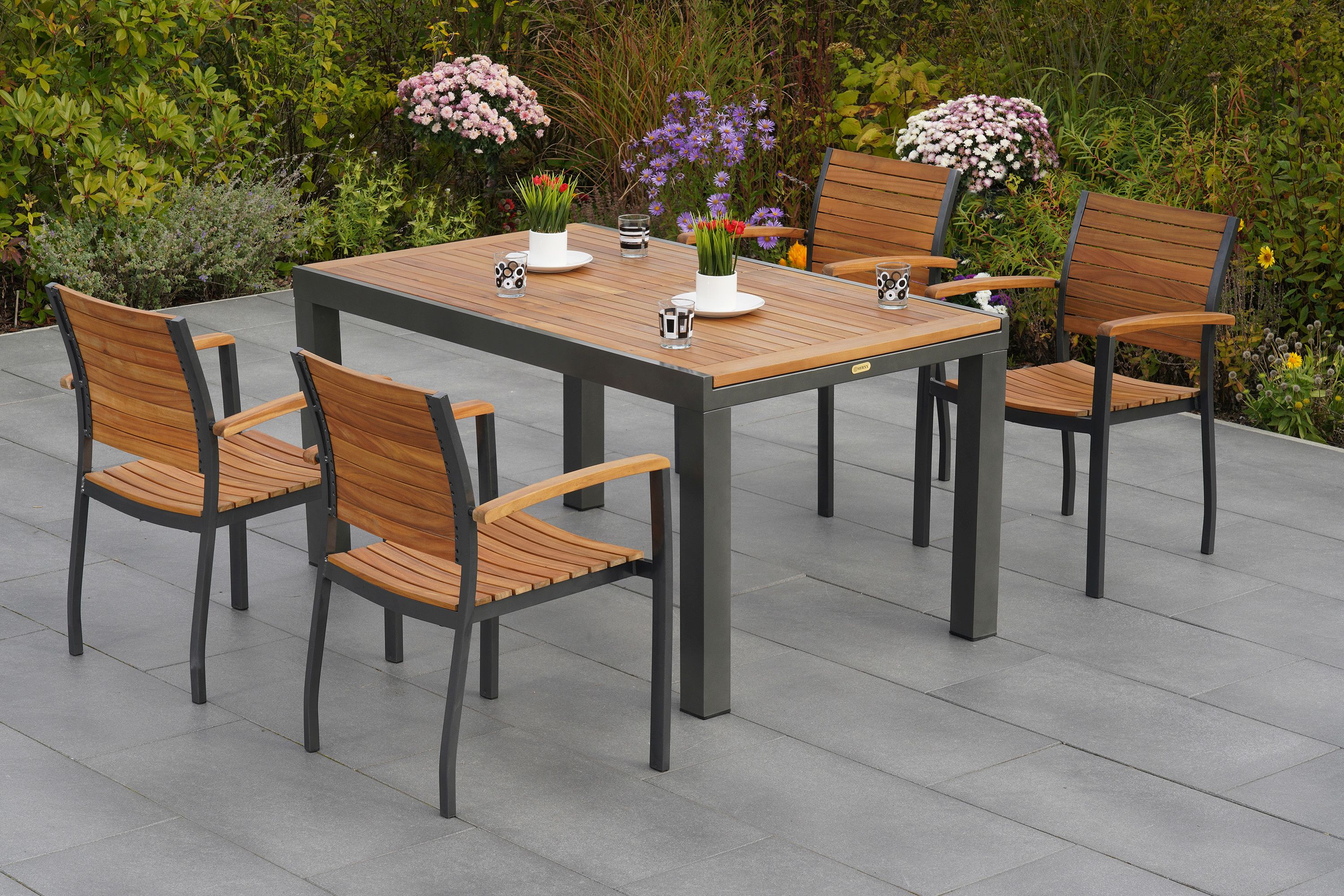 Santorin-Set-5tlg-4x-22021-209-22024-209-SS-HD-1 Santorin Set 5tlg., 4 Stapelsessel, Ausziehtisch 150 (200) x 90 cm