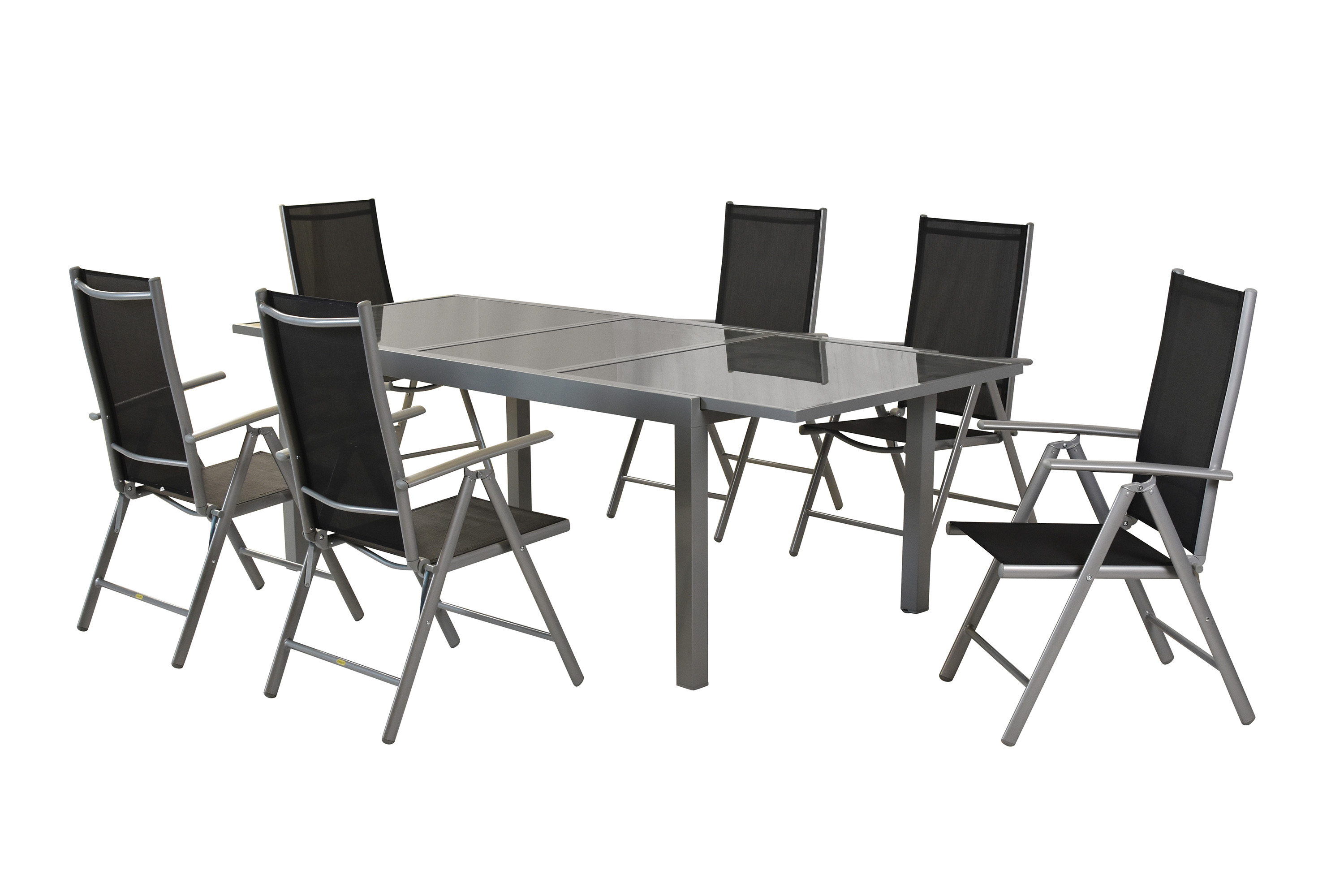 Amalfi Set 7tlg., 6 Klappsessel, Ausziehtisch 140 (200) x 90 cm, schwarz Amalfi Set 7tlg., 6 Klappsessel, Ausziehtisch 140 (200) x 90 cm, schwarz