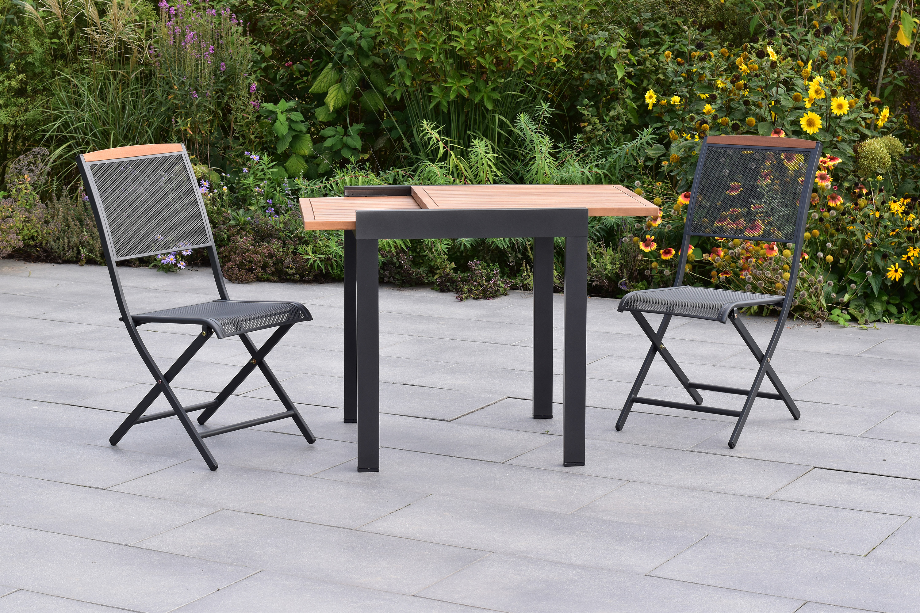 Patmos Set, 3tlg., Balkonausziehtisch 65 x 65/130 cm, Tischplatte aus Akazienholz Patmos Set, 3tlg., Balkonausziehtisch 65 x 65/130 cm, Tischplatte aus Akazienholz