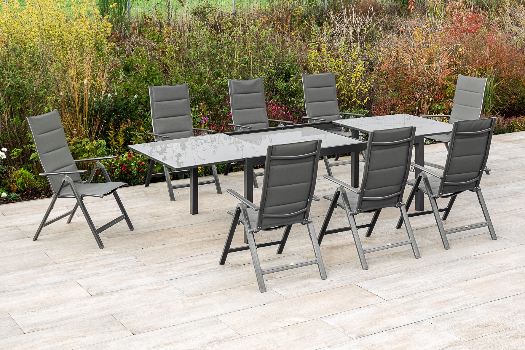 50568-207-2 Taviano Set 9tlg., 8 Klappsessel, Ausziehtisch 200 (300) x 100 cm, grau