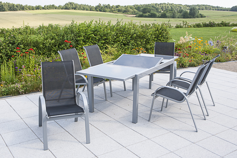 Amalfi-Set-7tlg-schwarz-6x-26310-317-26452-219-NB-2diAWQw4FQQTFM Amalfi Set 9tlg., 8 Stapelsessel, Ausziehtisch 160 (220) x 90 cm, schwarz