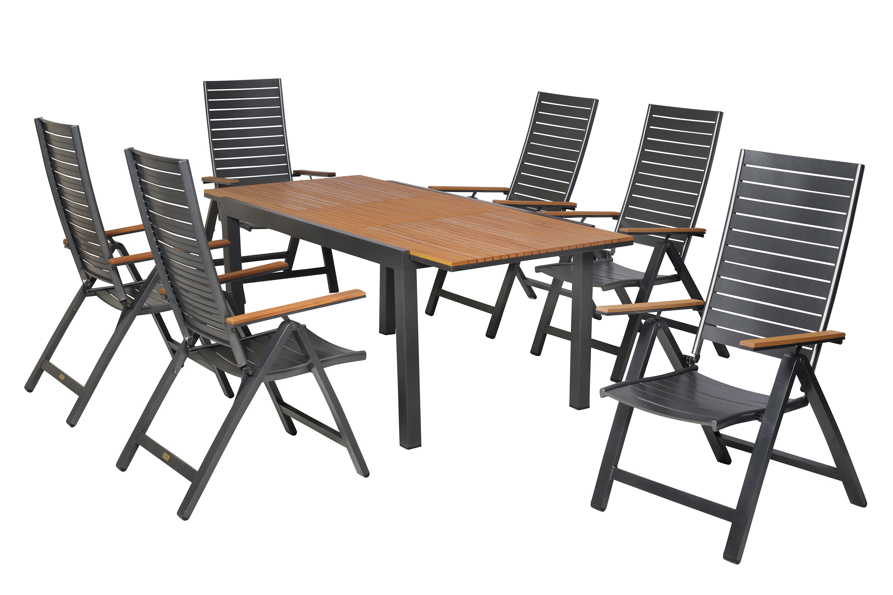 Astros Set 7tlg., 6 Klappsessel, Ausziehtisch, 150 (200) x 90 cm Astros Set 7tlg., 6 Klappsessel, Ausziehtisch, 150 (200) x 90 cm