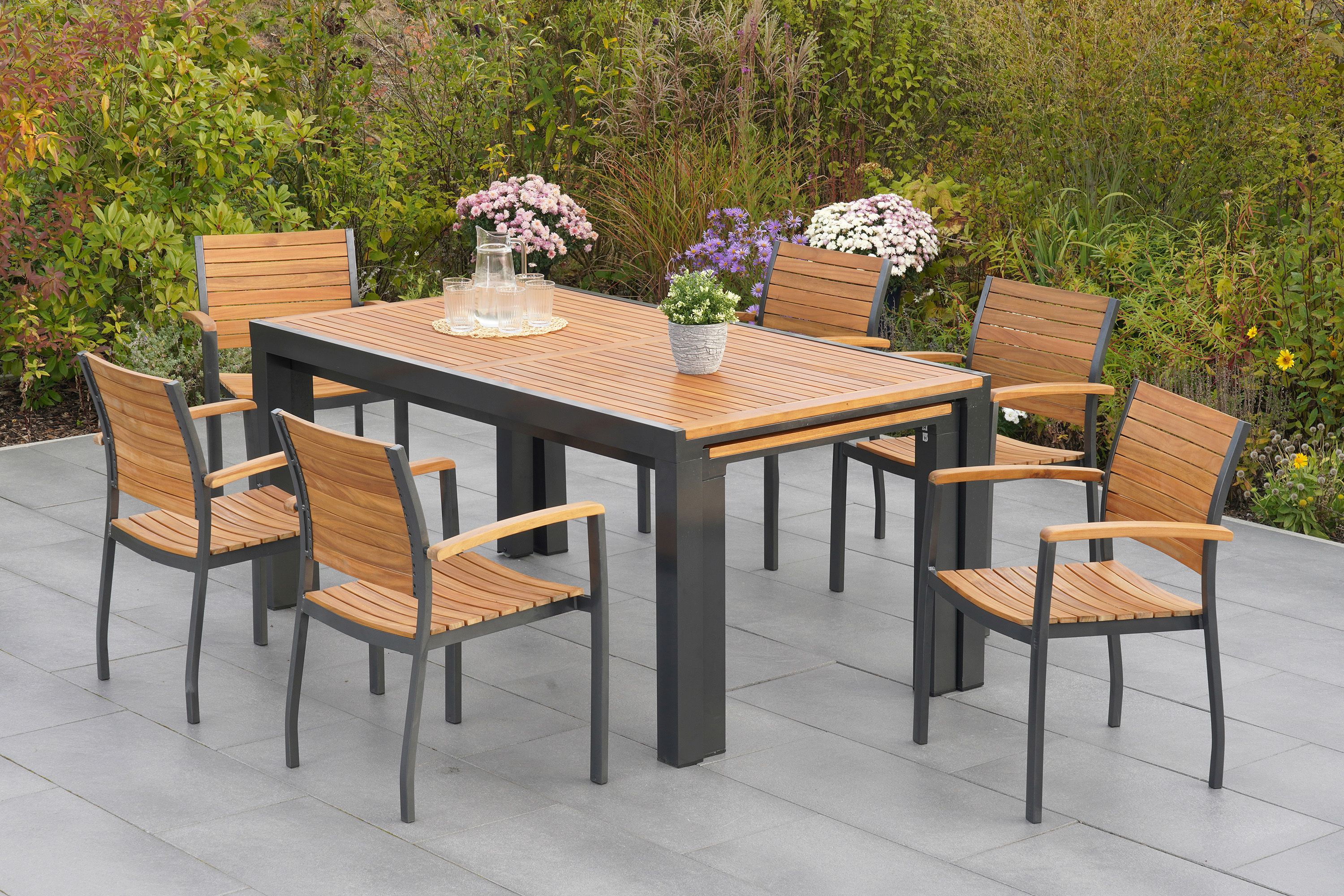 Santorin Set 7tlg., 6 Stapelsessel, Ausziehtisch 180 (300) x 100 cm