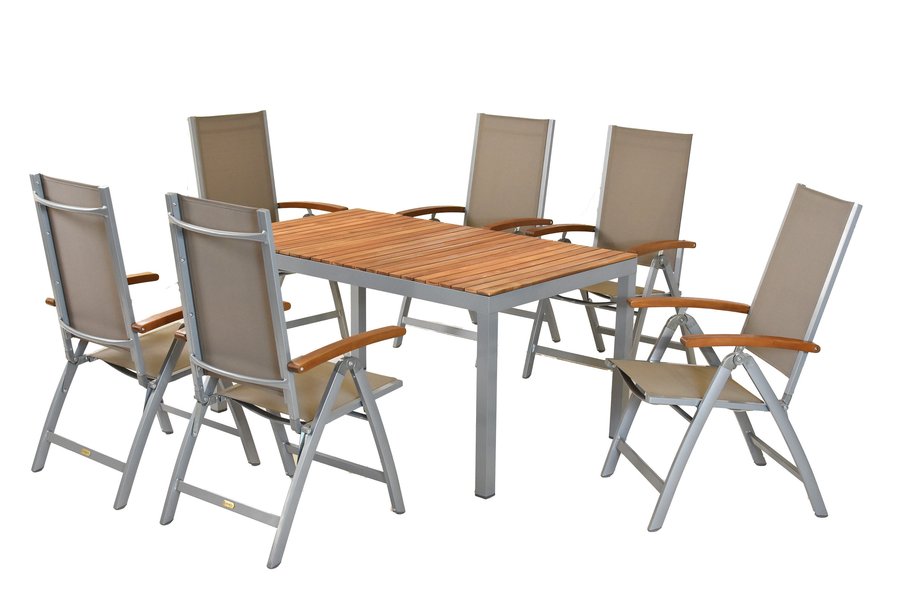 Naxos Set 7tlg., 6 Klappsessel, Tisch 150 x 90 cm, silber